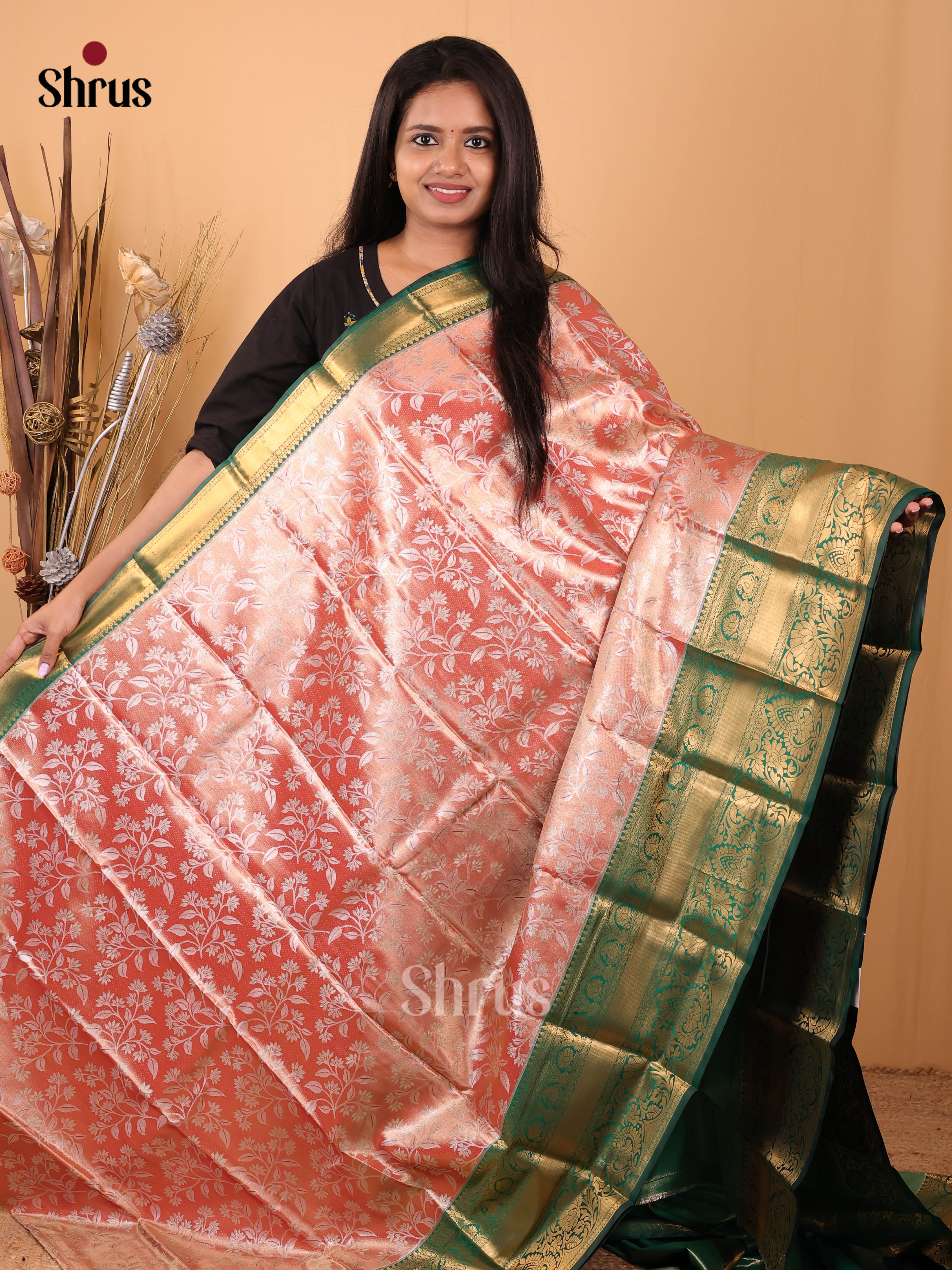 Pink & Green - Kanchipuram-halfpure Saree - Shop on Shrus.com