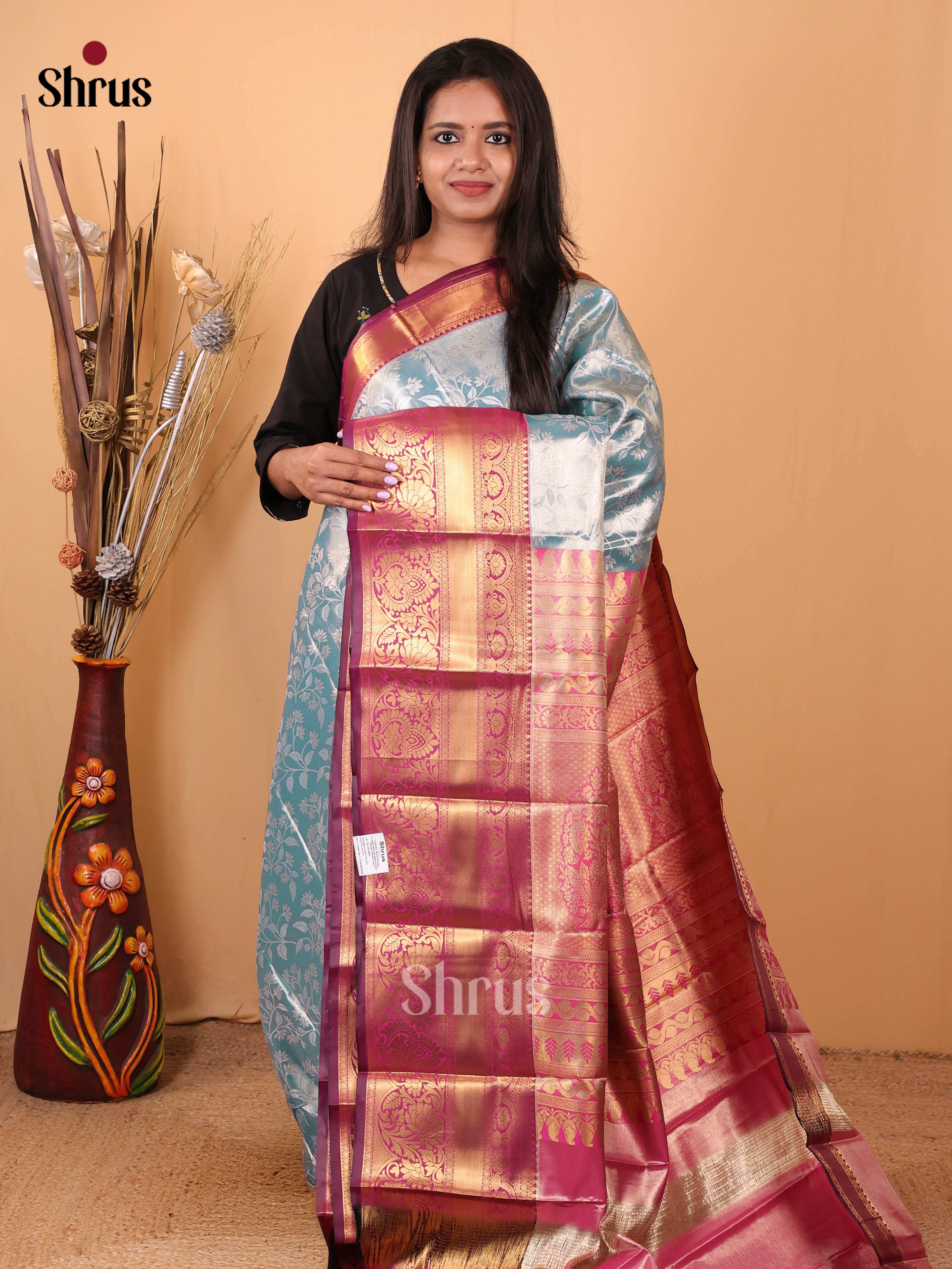 Blue & Maroon  - Kanchipuram-halfpure Saree - Shop on Shrus.com