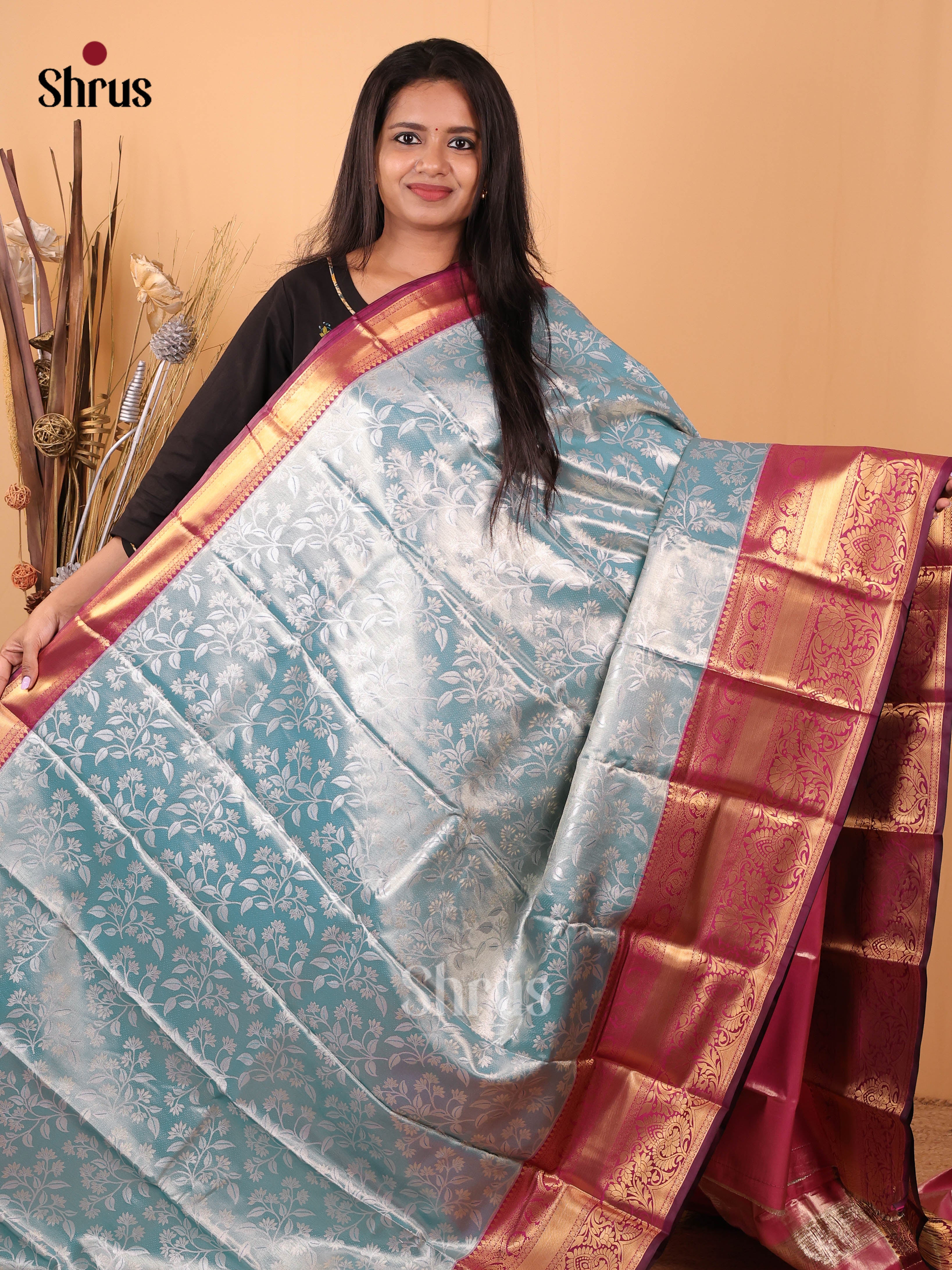 Blue & Maroon  - Kanchipuram-halfpure Saree - Shop on Shrus.com