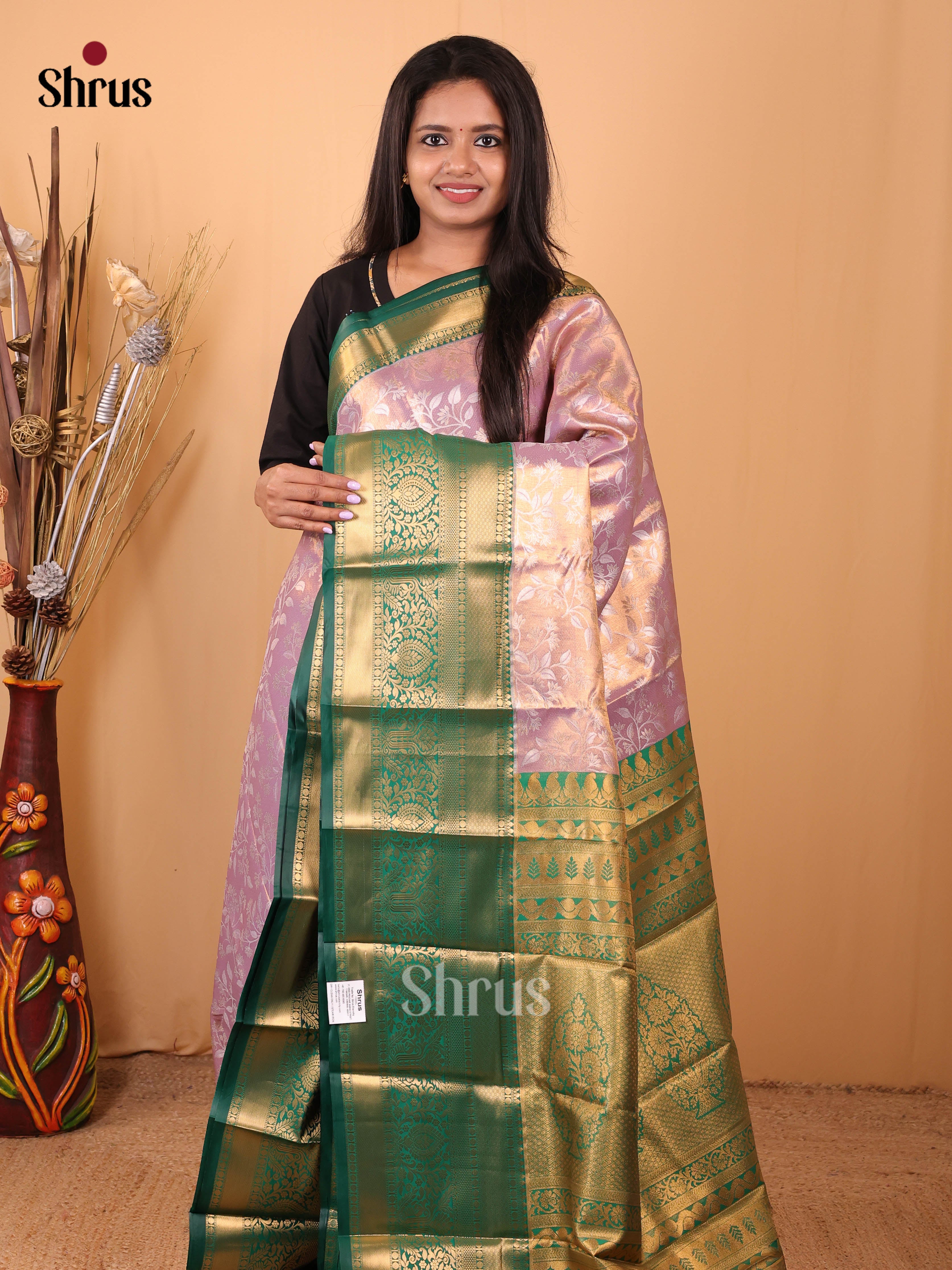 Lavender & Green- Kanchipuram-halfpure Saree - Shop on Shrus.com