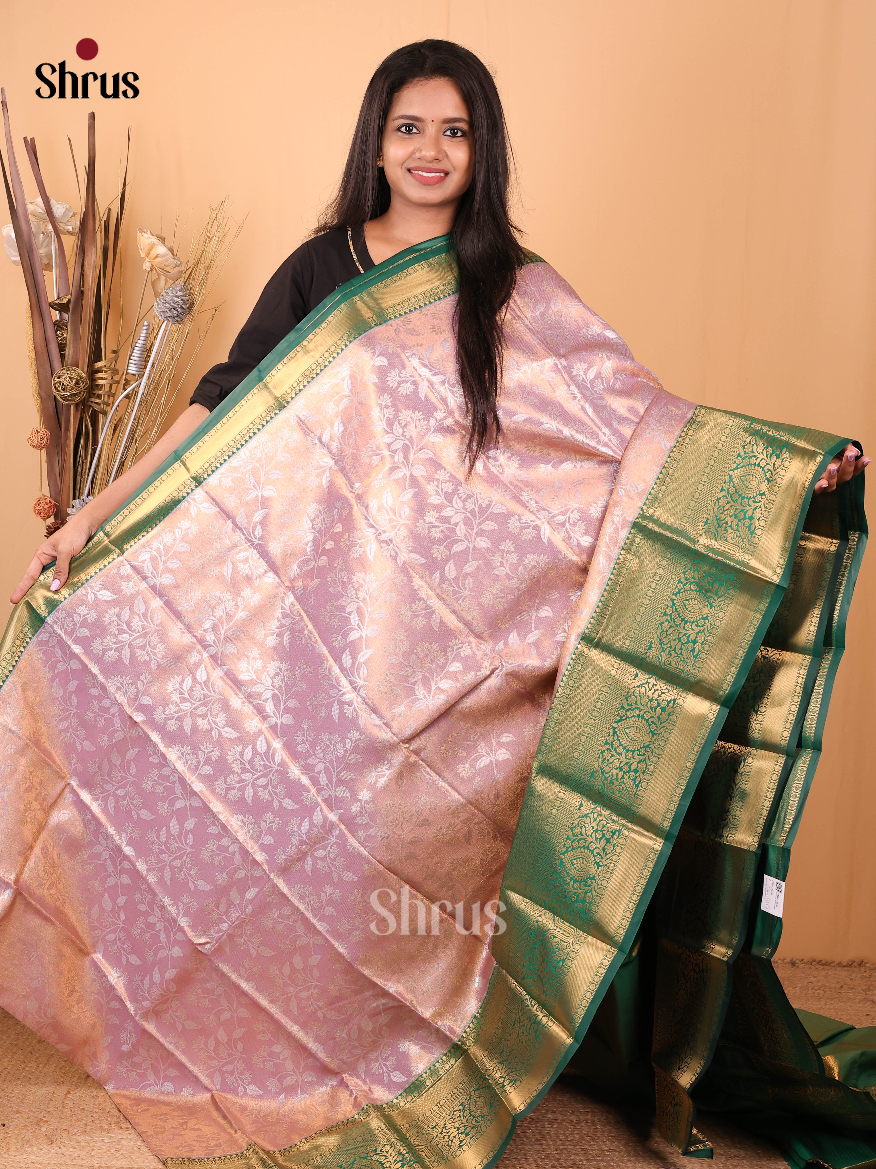 Lavender & Green- Kanchipuram-halfpure Saree - Shop on Shrus.com