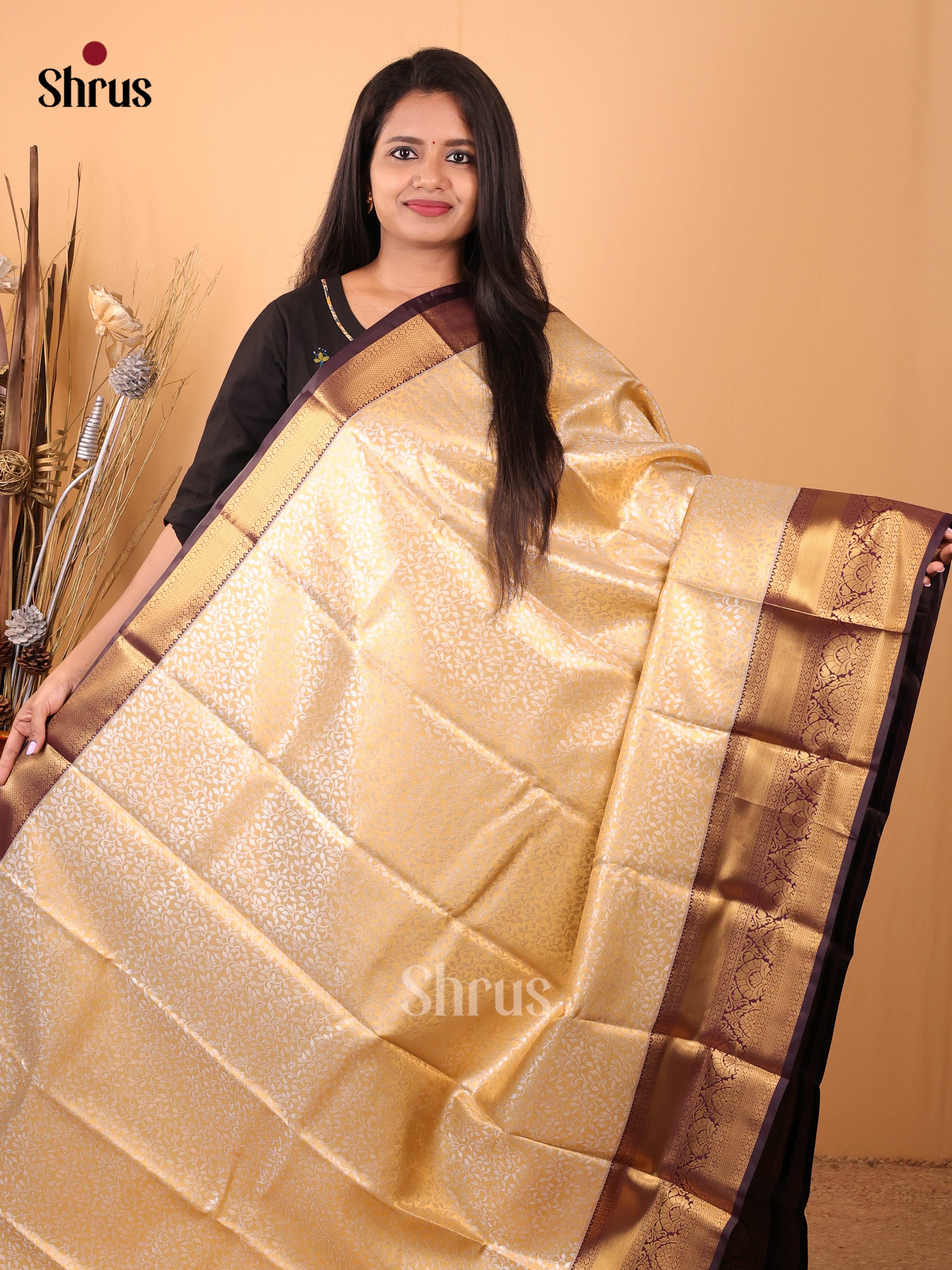 Cream & Brown - Kanchipuram-halfpure Saree - Shop on Shrus.com