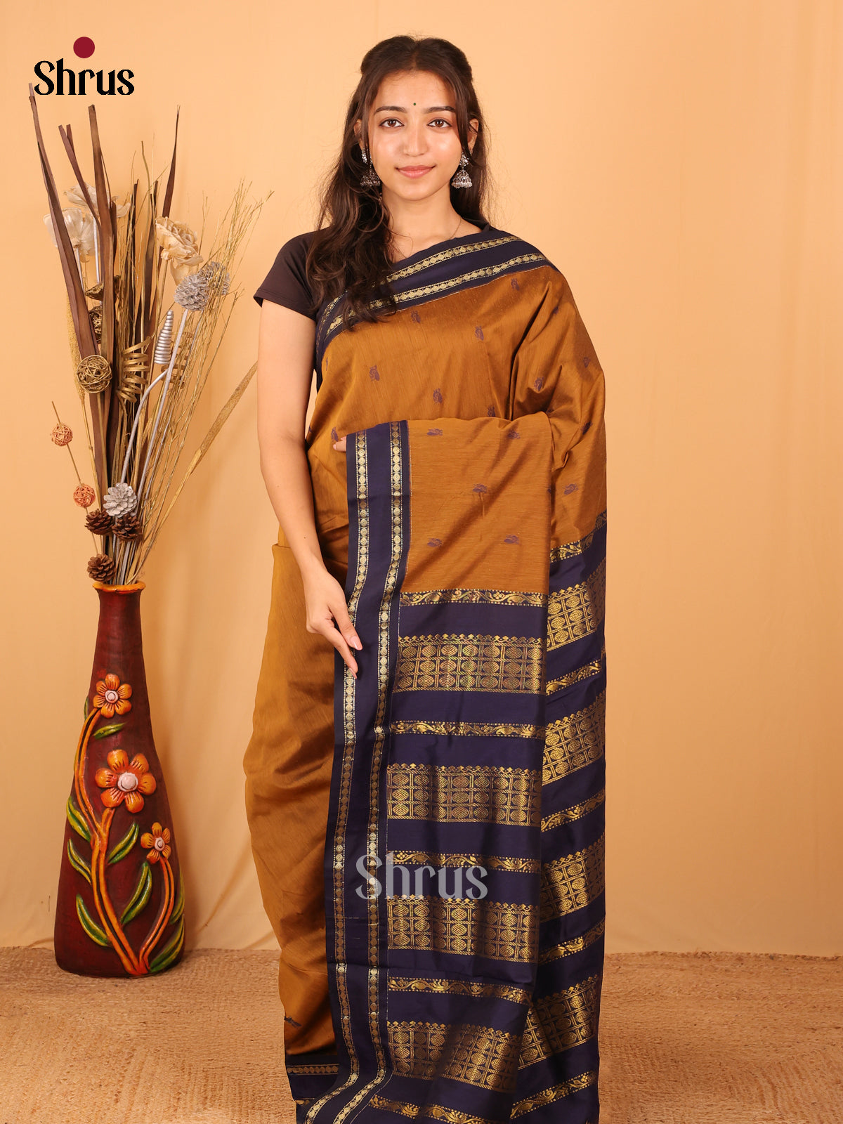 Dark Mustard & Blue - Kalyani Cotton Saree - Shop on Shrus.com