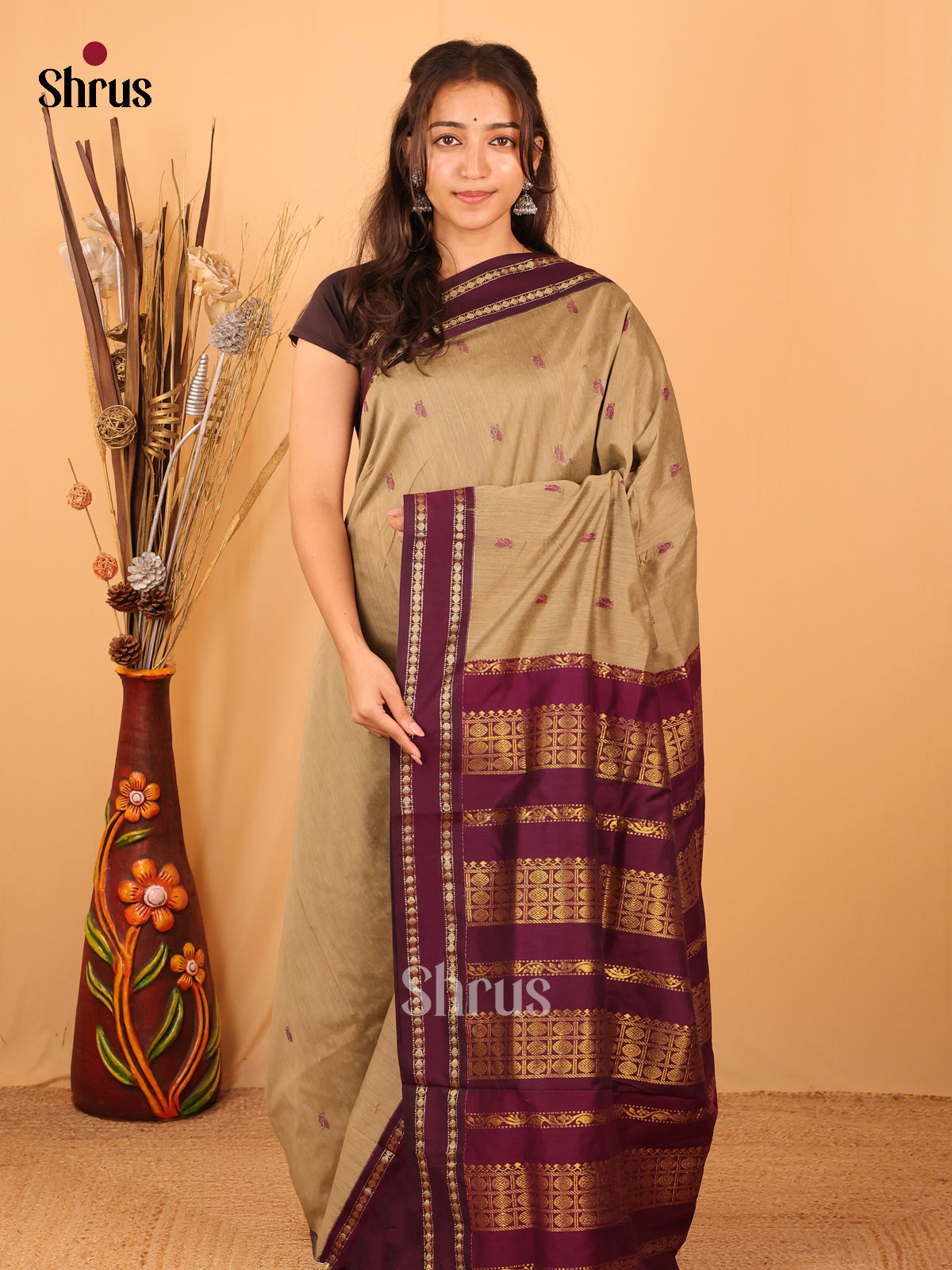 Beige & Purple - Kalyani Cotton Saree - Shop on Shrus.com