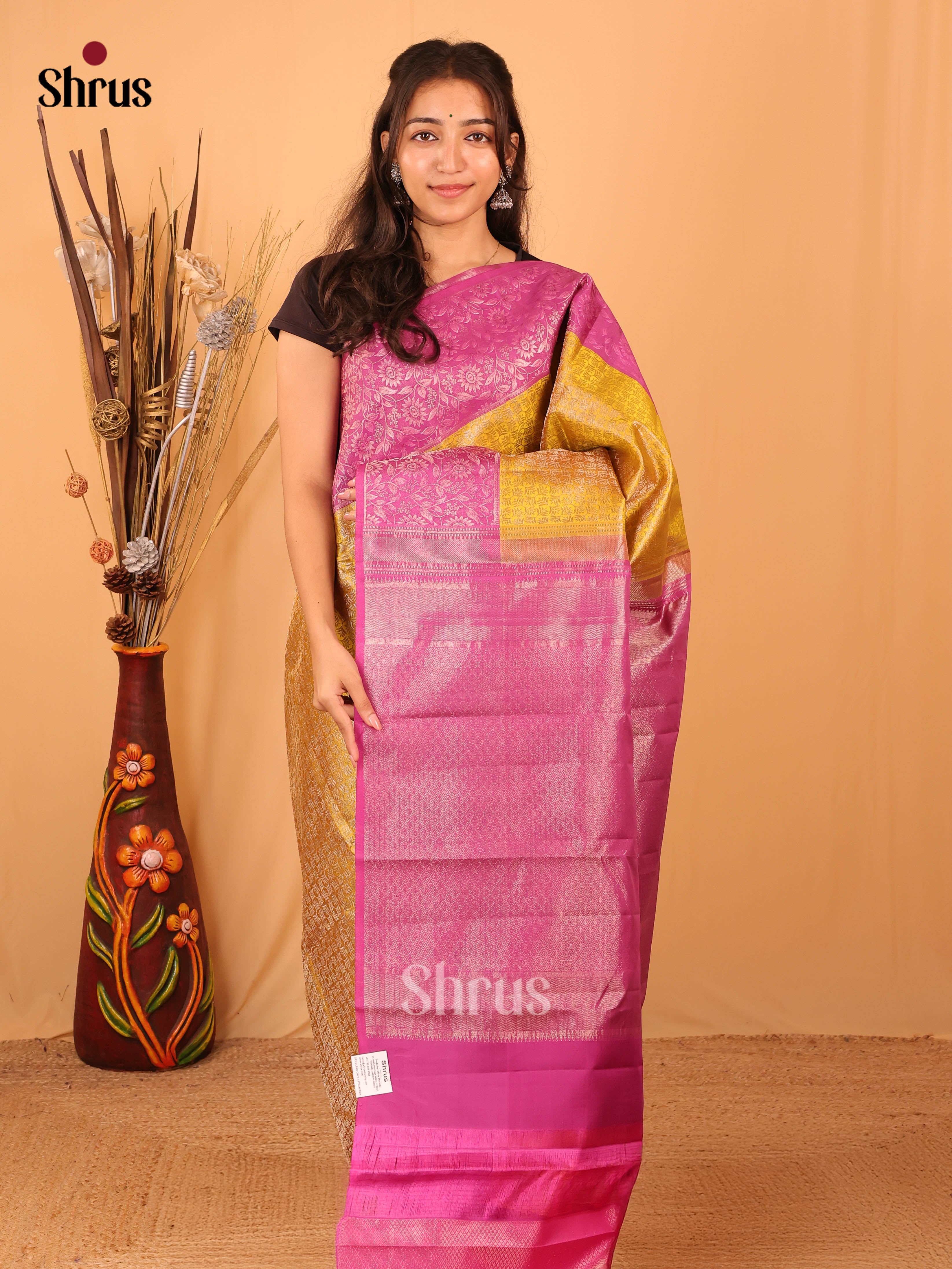 Mehandi  Yellow  & Purple - Kanchipuram silk Saree - Shop on Shrus.com