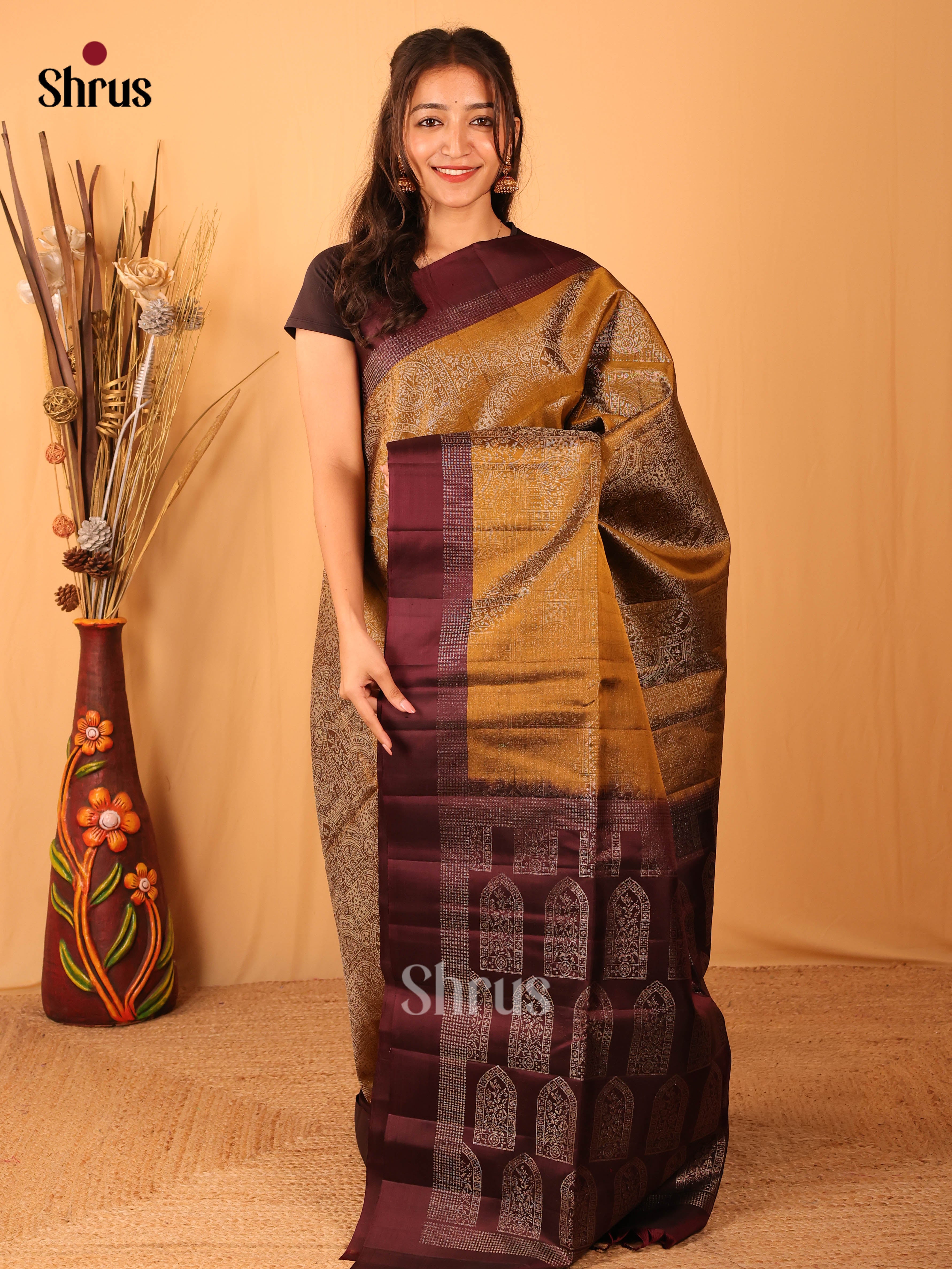 Mehandi & Brown- Soft Silk Saree - Shop on Shrus.com