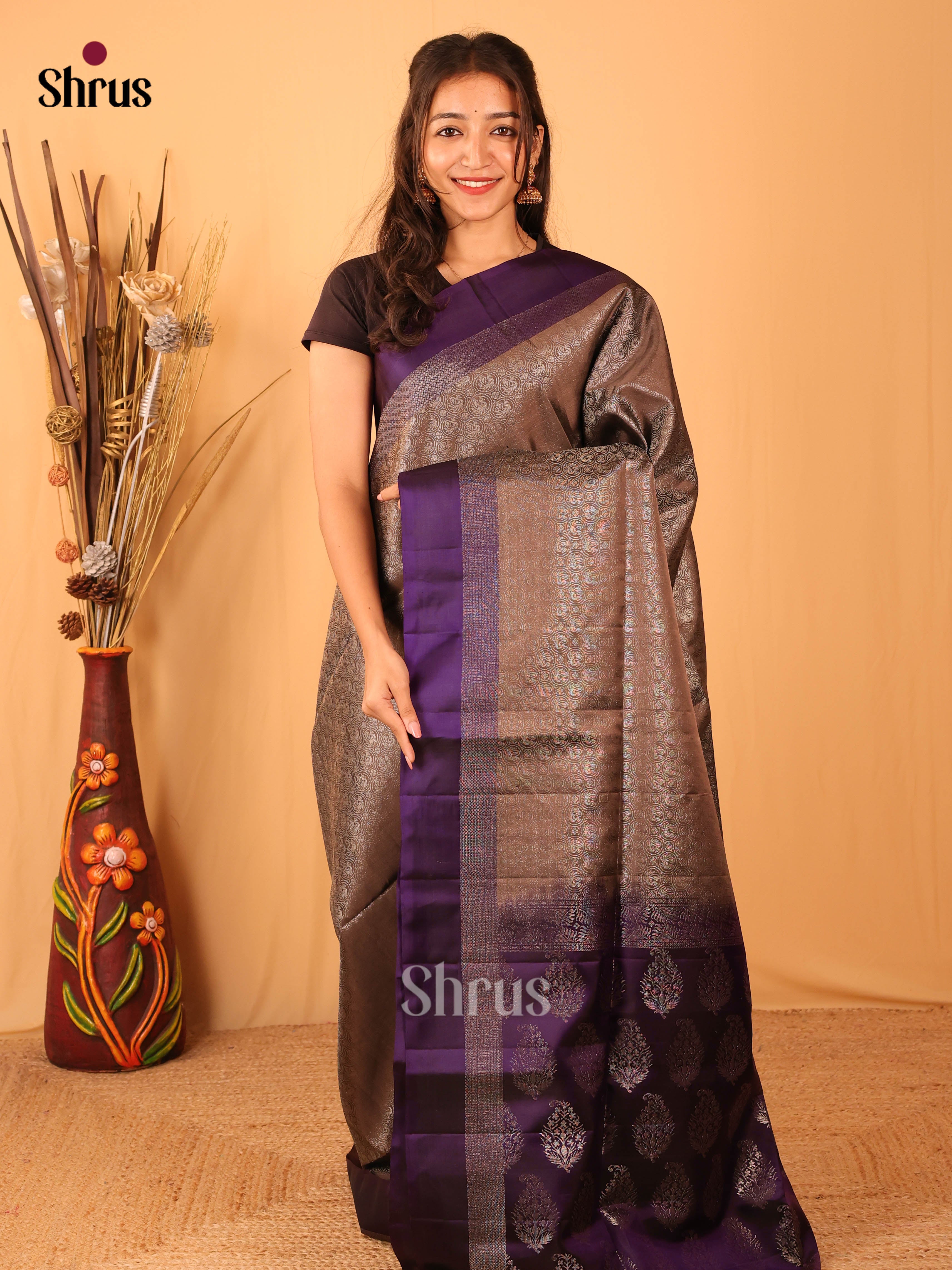 Brown & Violet - Soft Silk Saree - Shop on Shrus.com