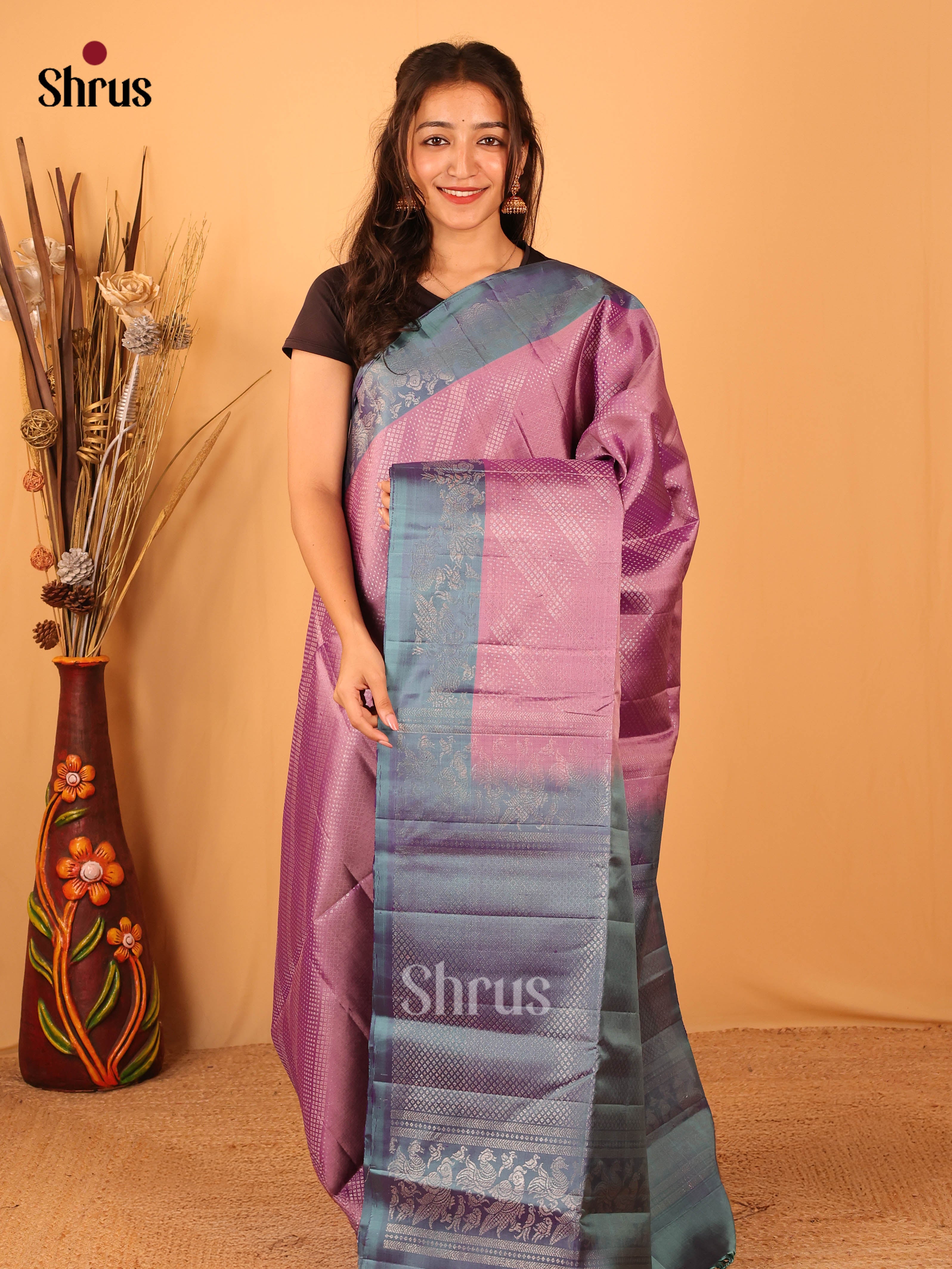 Purple & Double Shaded Green- Soft Silk Saree - Shop on Shrus.com