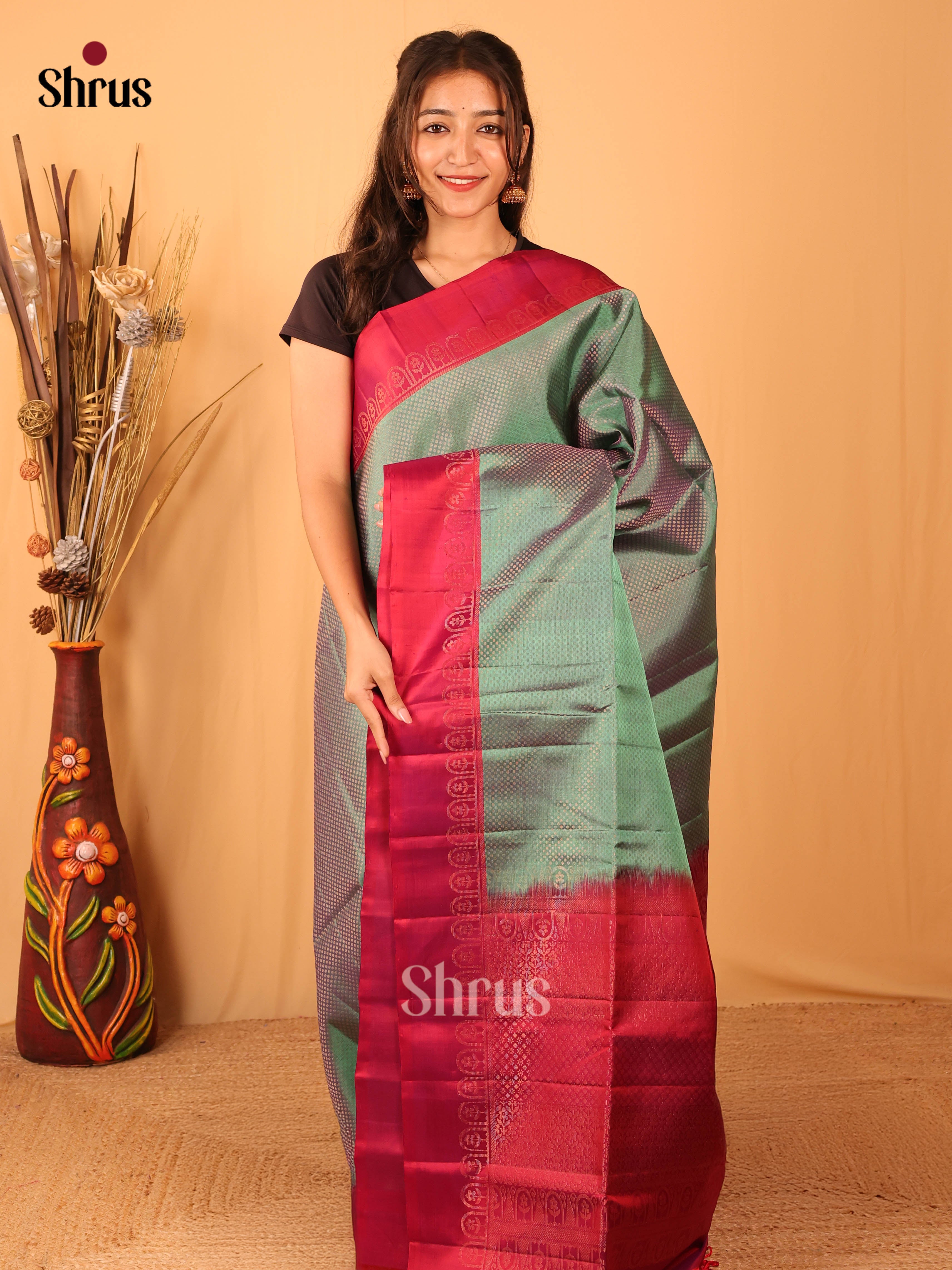 Green & Maroon - Soft Silk Saree - Shop on Shrus.com