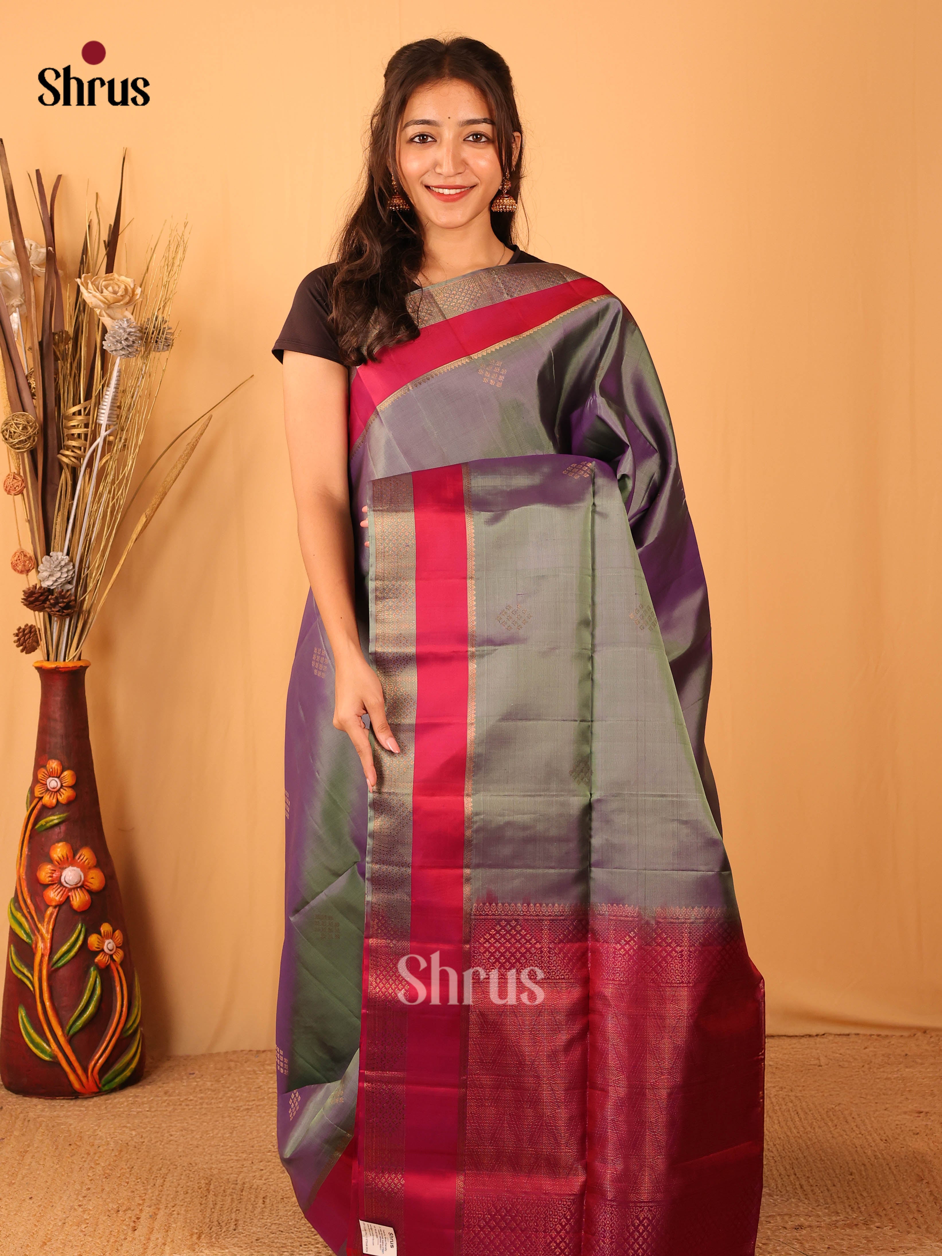 Double Shaded Greenish Grey & Maroon - Soft Silk Saree - Shop on Shrus.com