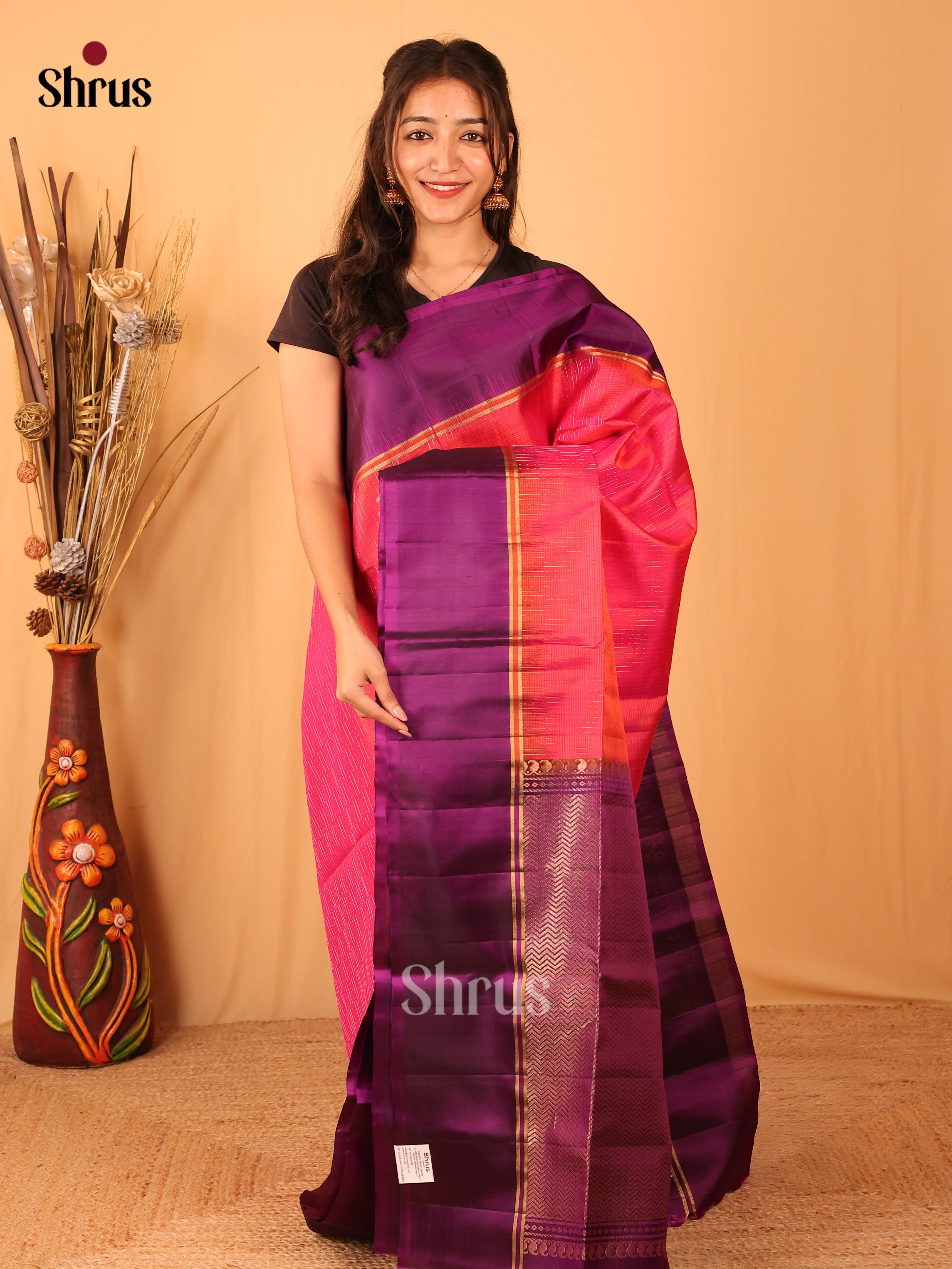 Pink  & Violet- Soft Silk Saree - Shop on Shrus.com