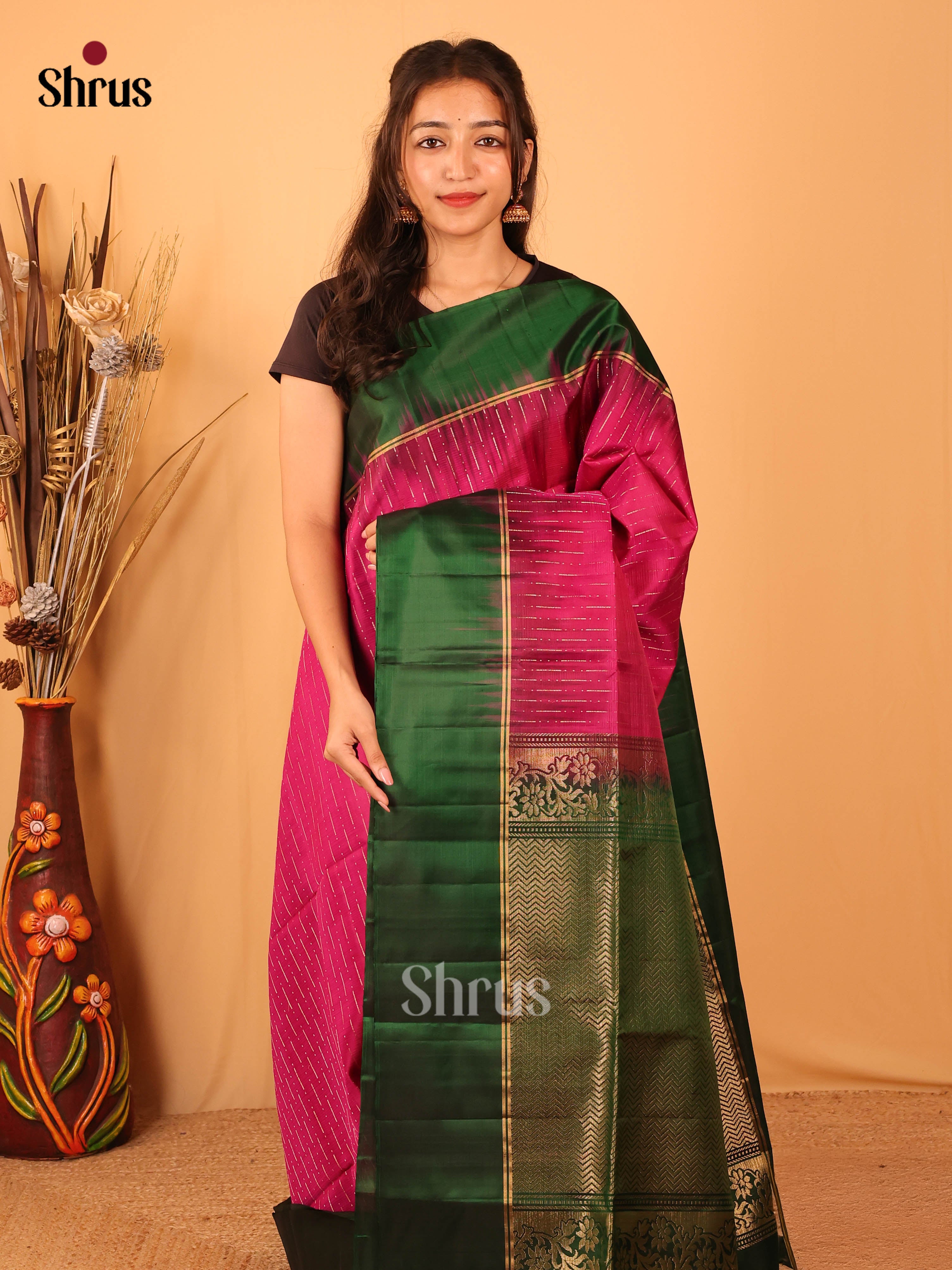 Majenta  & Green- Soft Silk Saree - Shop on Shrus.com
