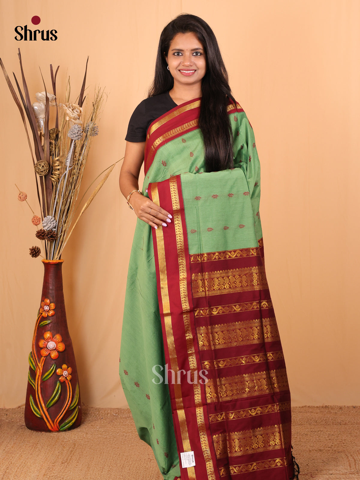 Pastel Green & Maroon - Kalyani Cotton Saree - Shop on Shrus.com