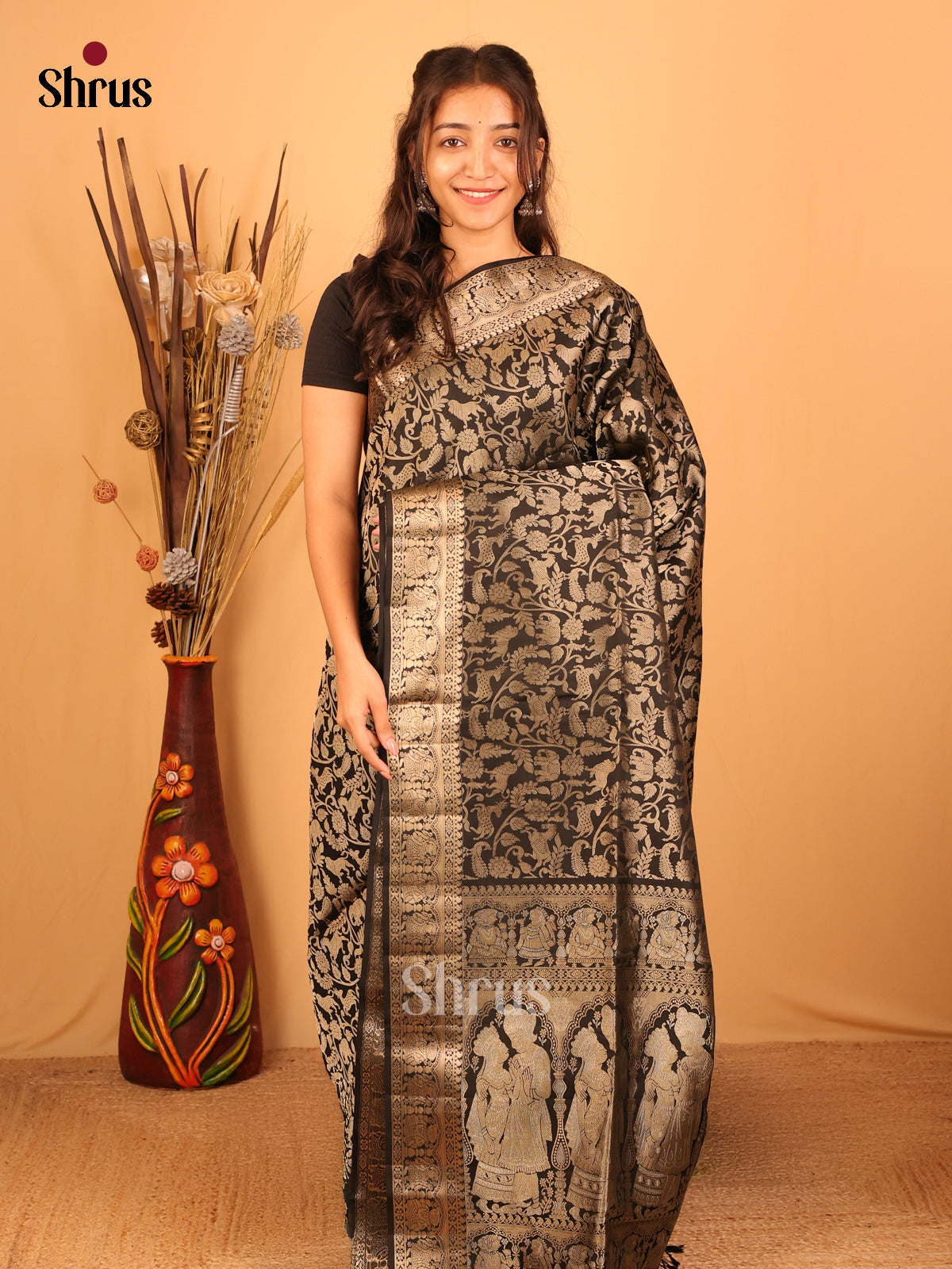 Black(single tone)- Soft Silk Saree - Shop on Shrus.com