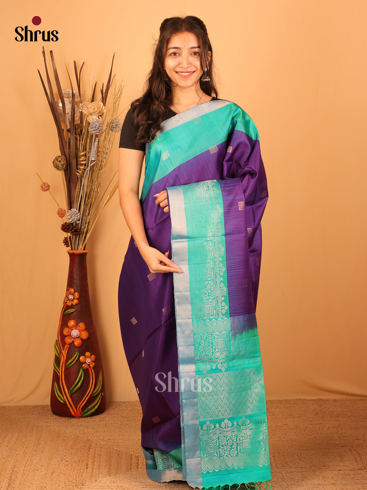 Violet & Green- Soft Silk Saree - Shop on Shrus.com