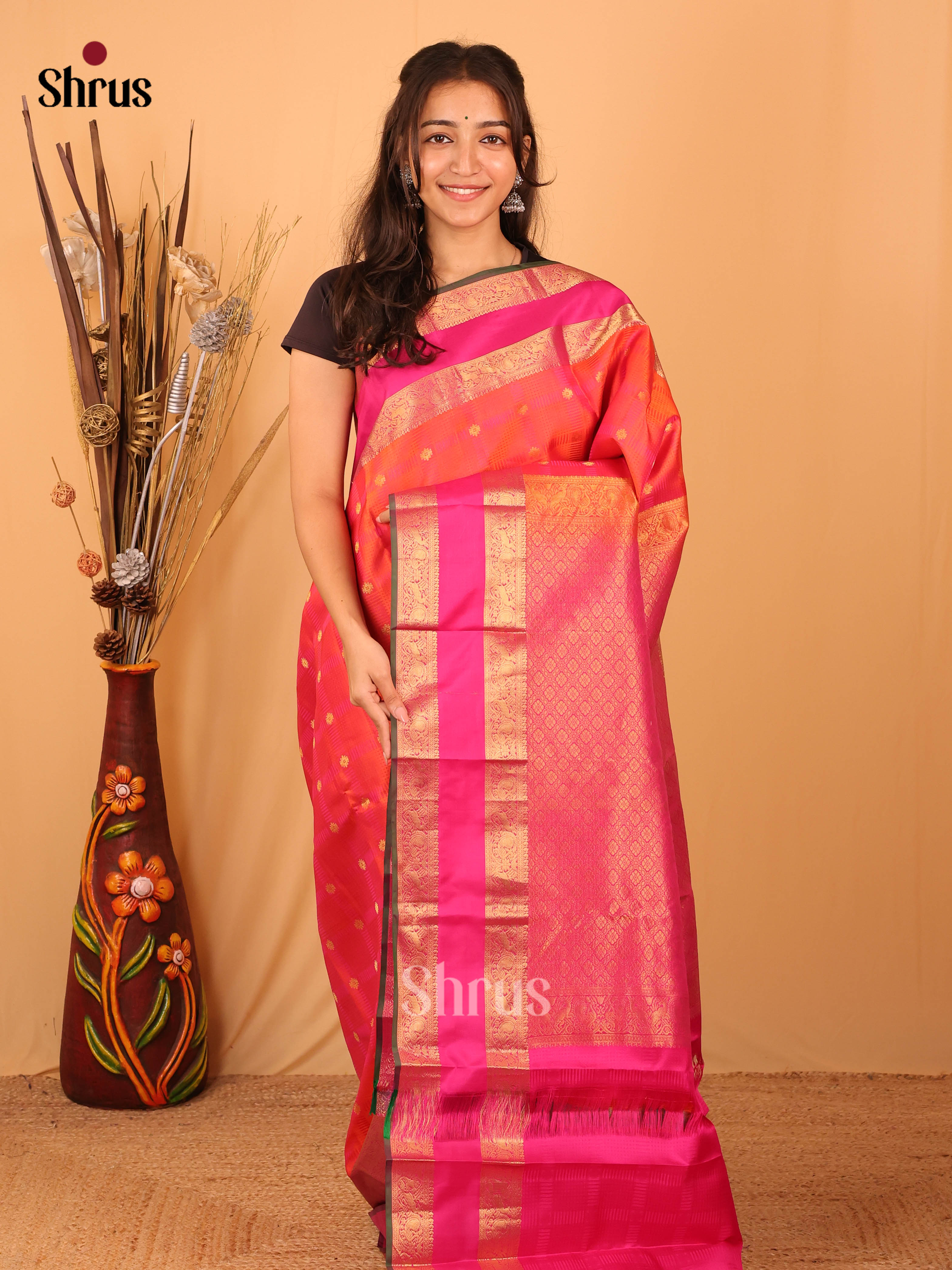 Orange  & Pink - Kanchipuram silk Saree - Shop on Shrus.com