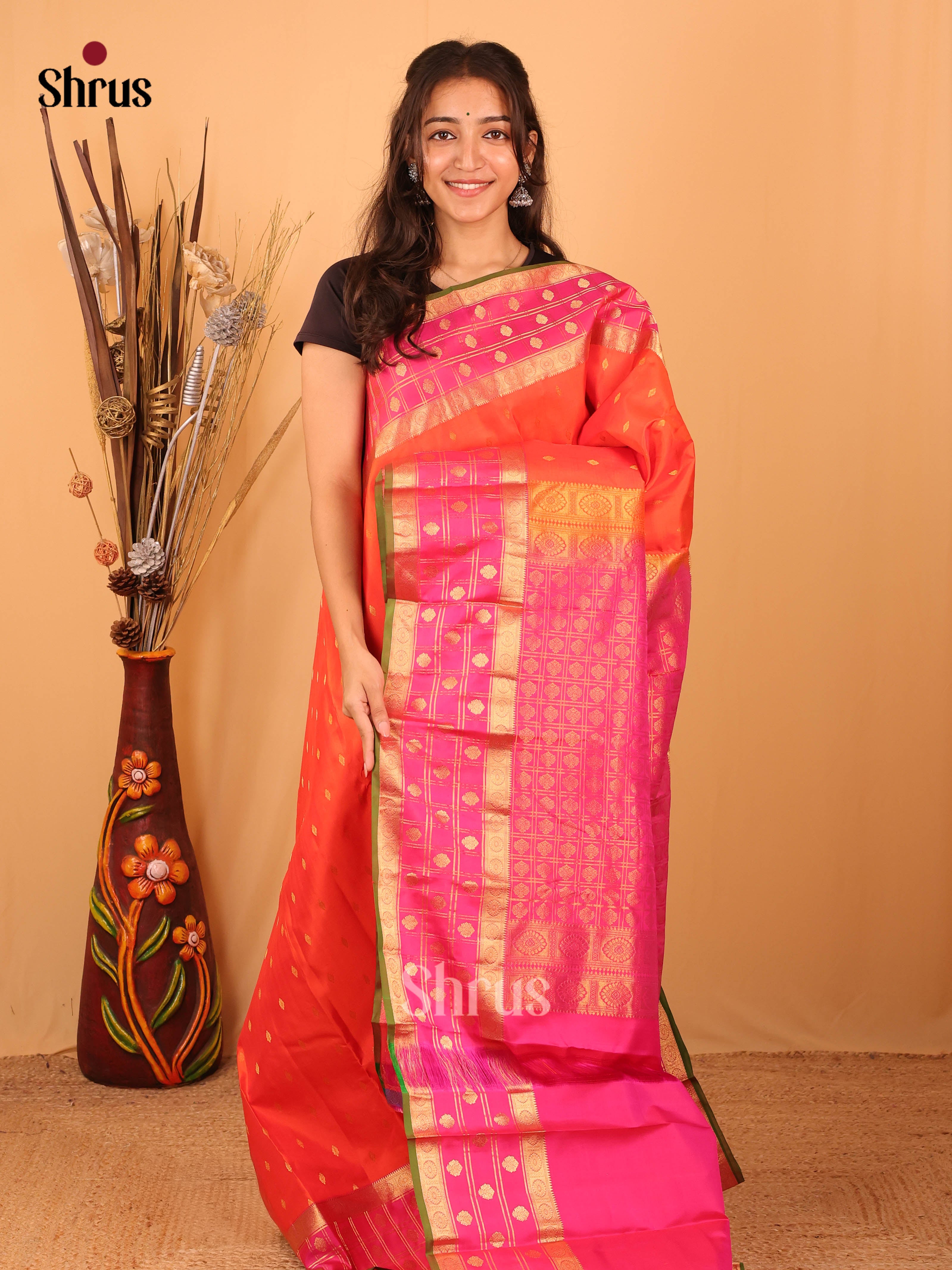 Orange & Pink - Kanchipuram silk Saree - Shop on Shrus.com