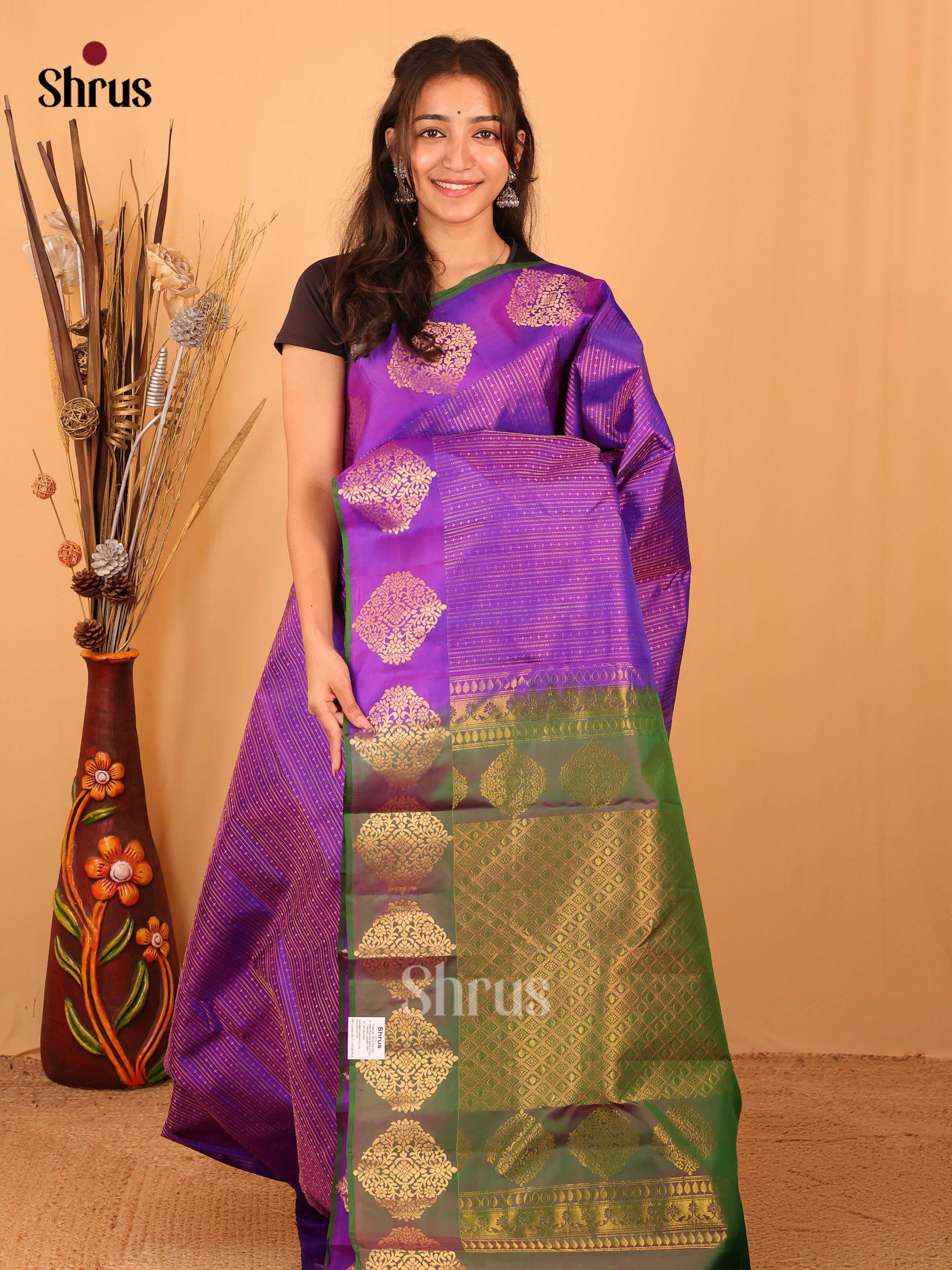 Purple & Green - Kanchipuram silk Saree - Shop on Shrus.com