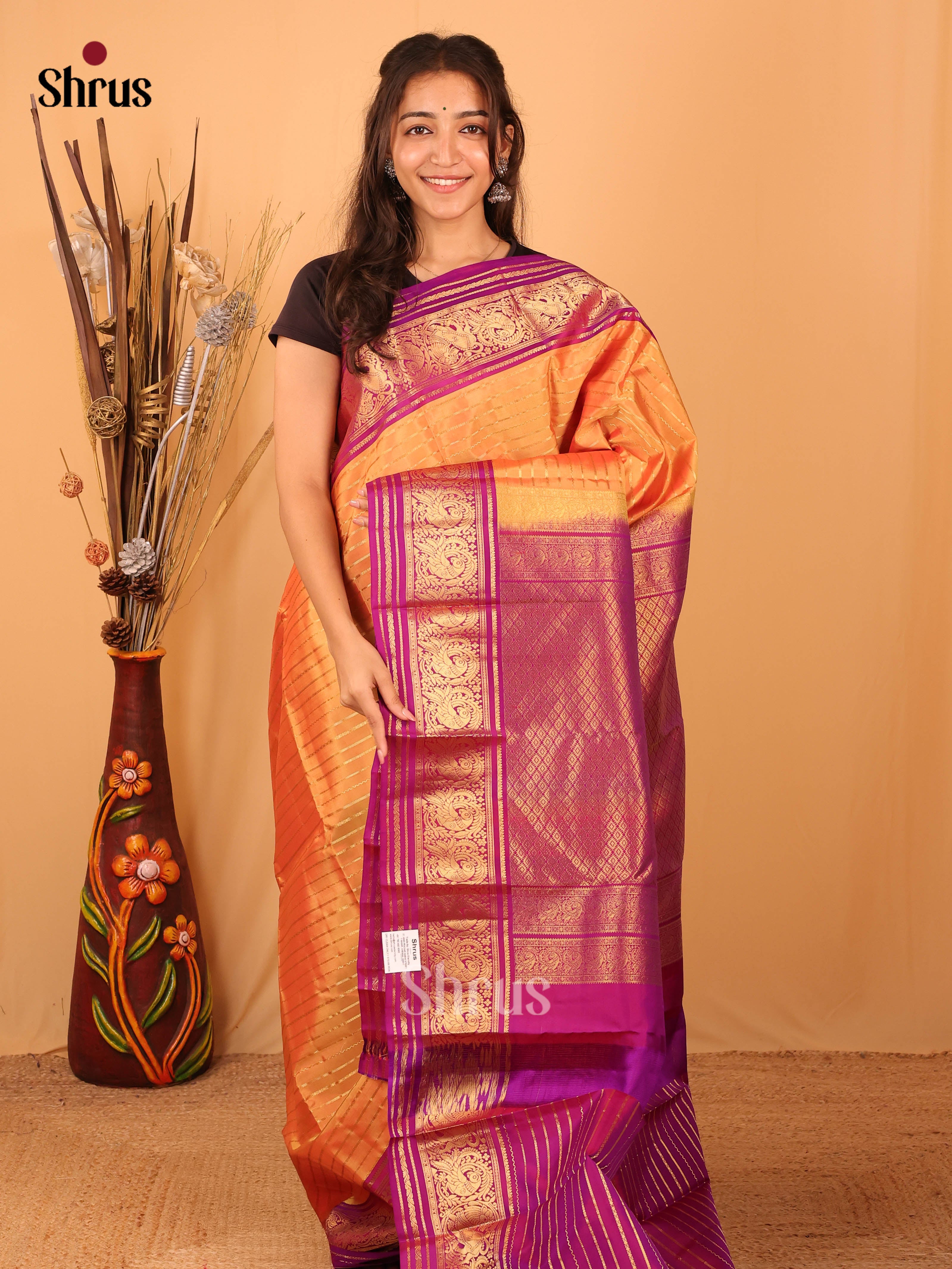 Orange & Purple- Kanchipuram silk Saree - Shop on Shrus.com
