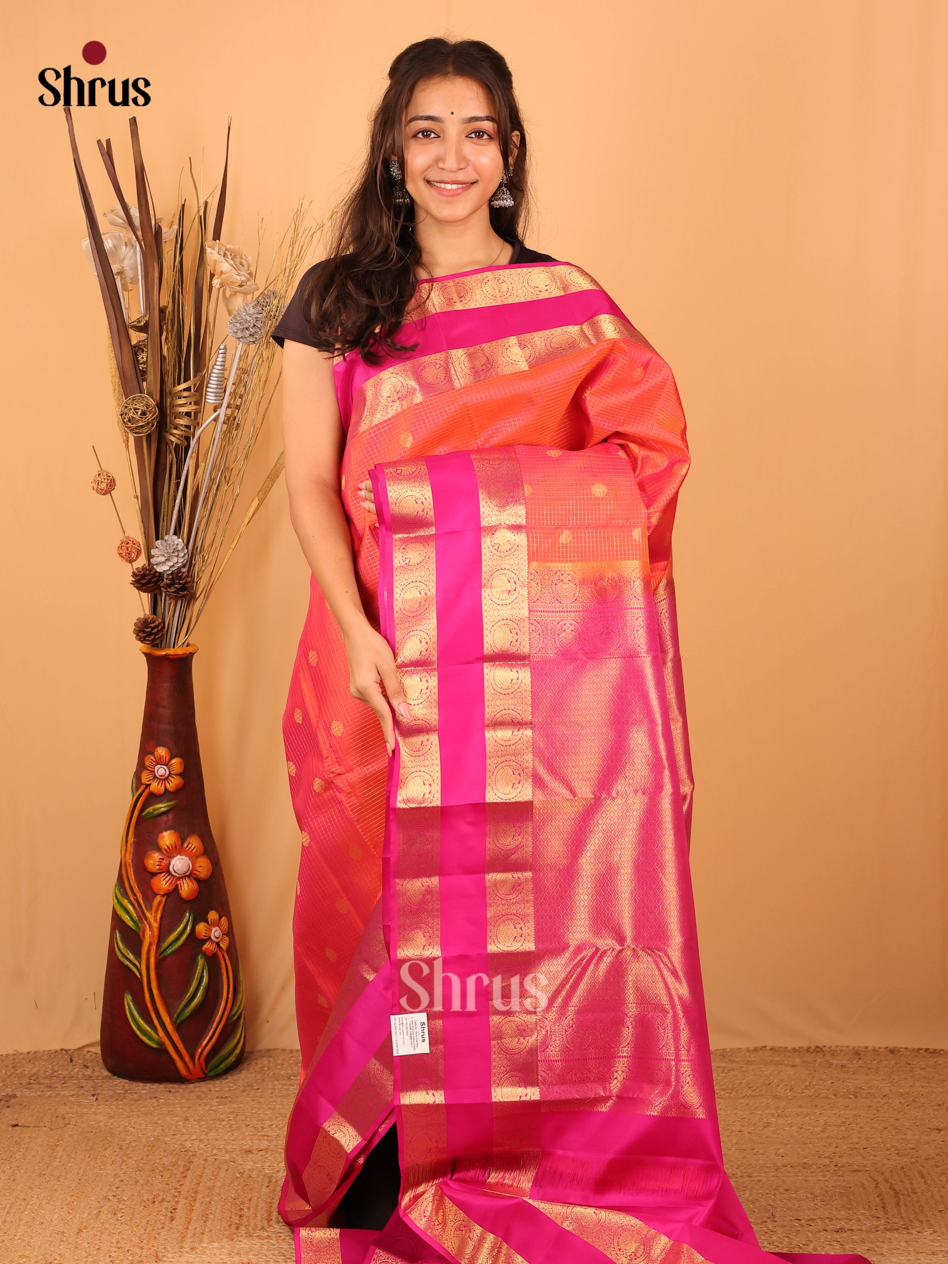 Orange & Pink - Kanchipuram silk Saree - Shop on Shrus.com