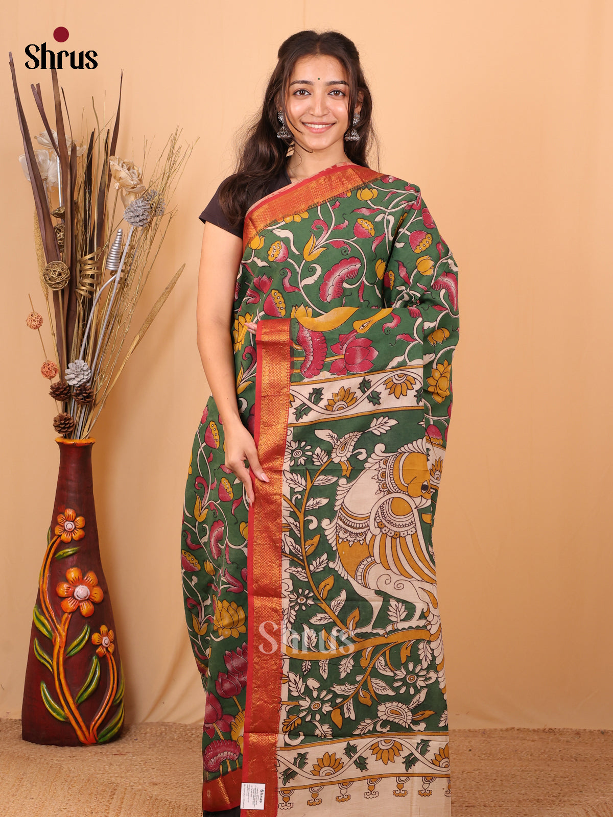 Green & Red - chennur-kalamkari Saree - Shop on Shrus.com