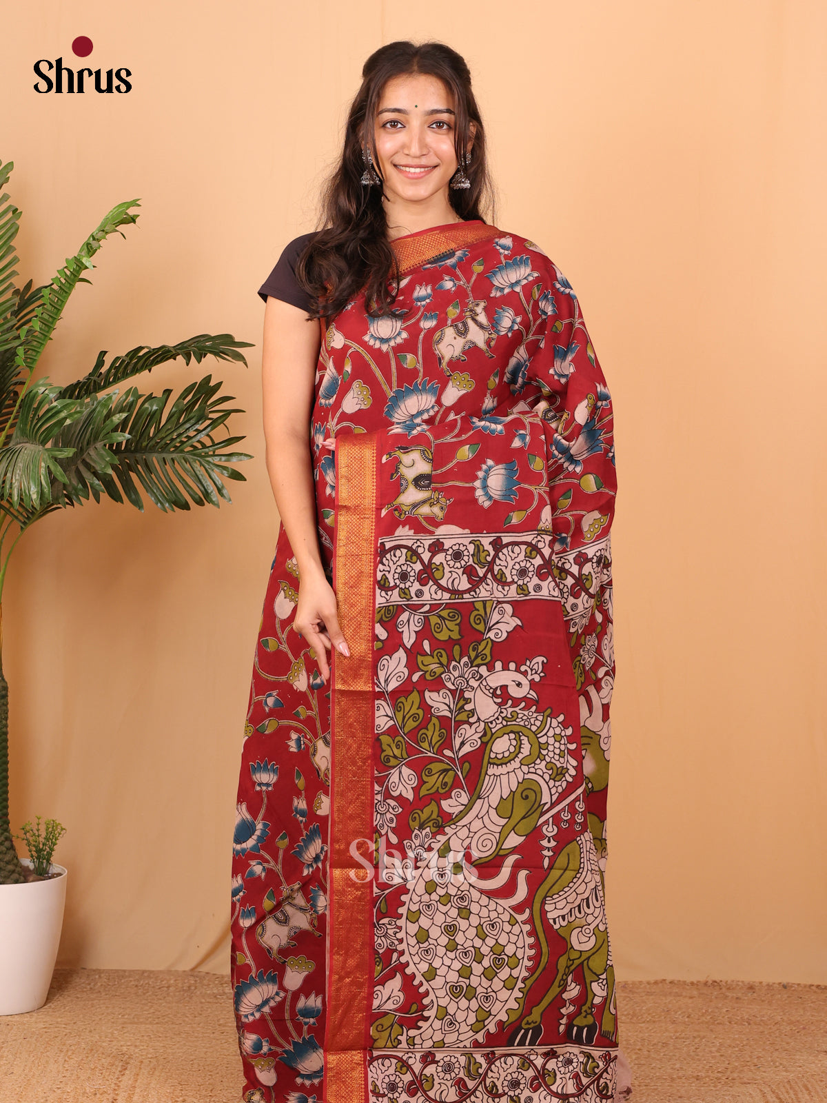 Red & Cream - chennur-kalamkari Saree - Shop on Shrus.com