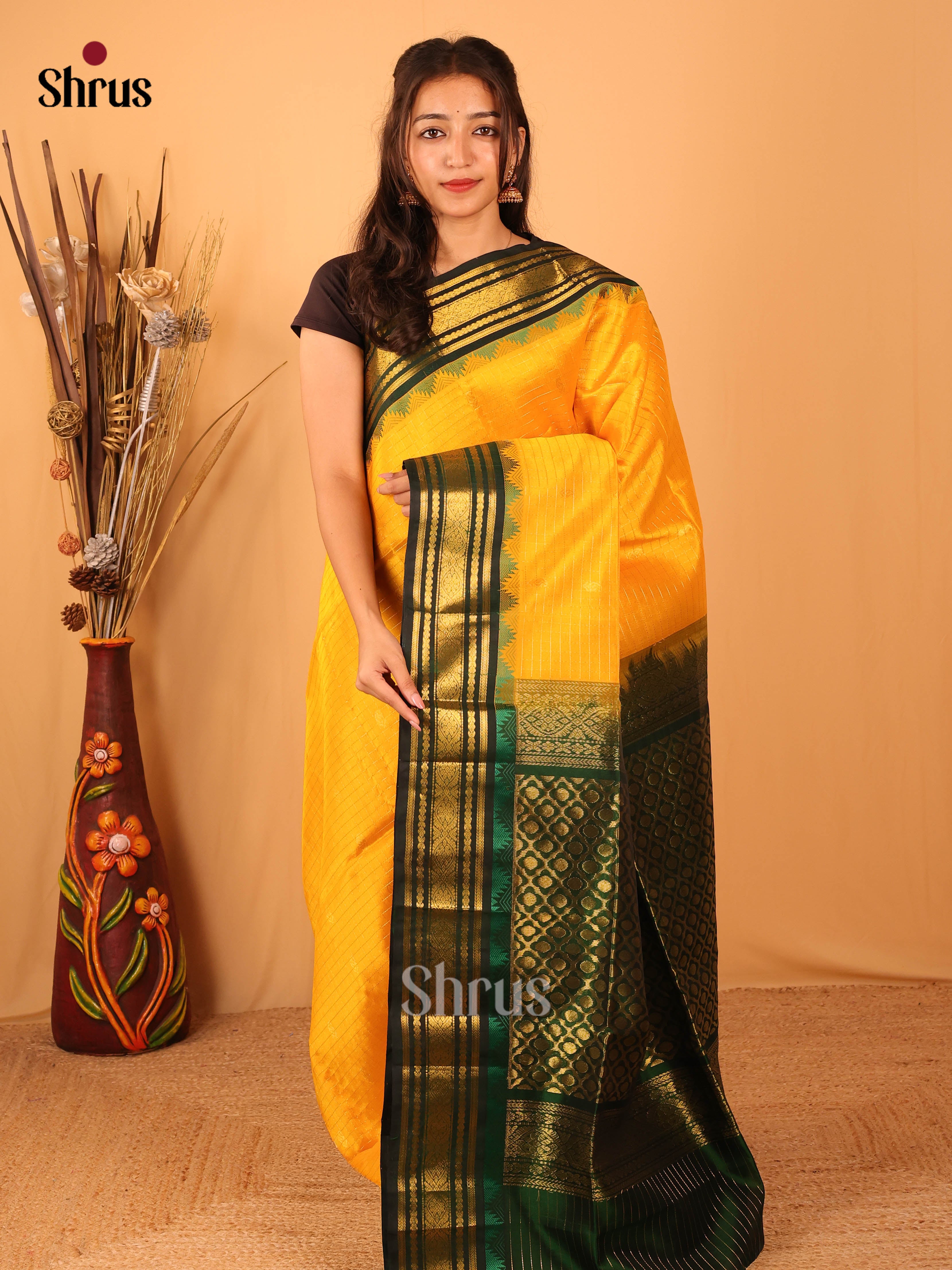 Yellow & Green - Silk Cotton Saree - Shop on Shrus.com