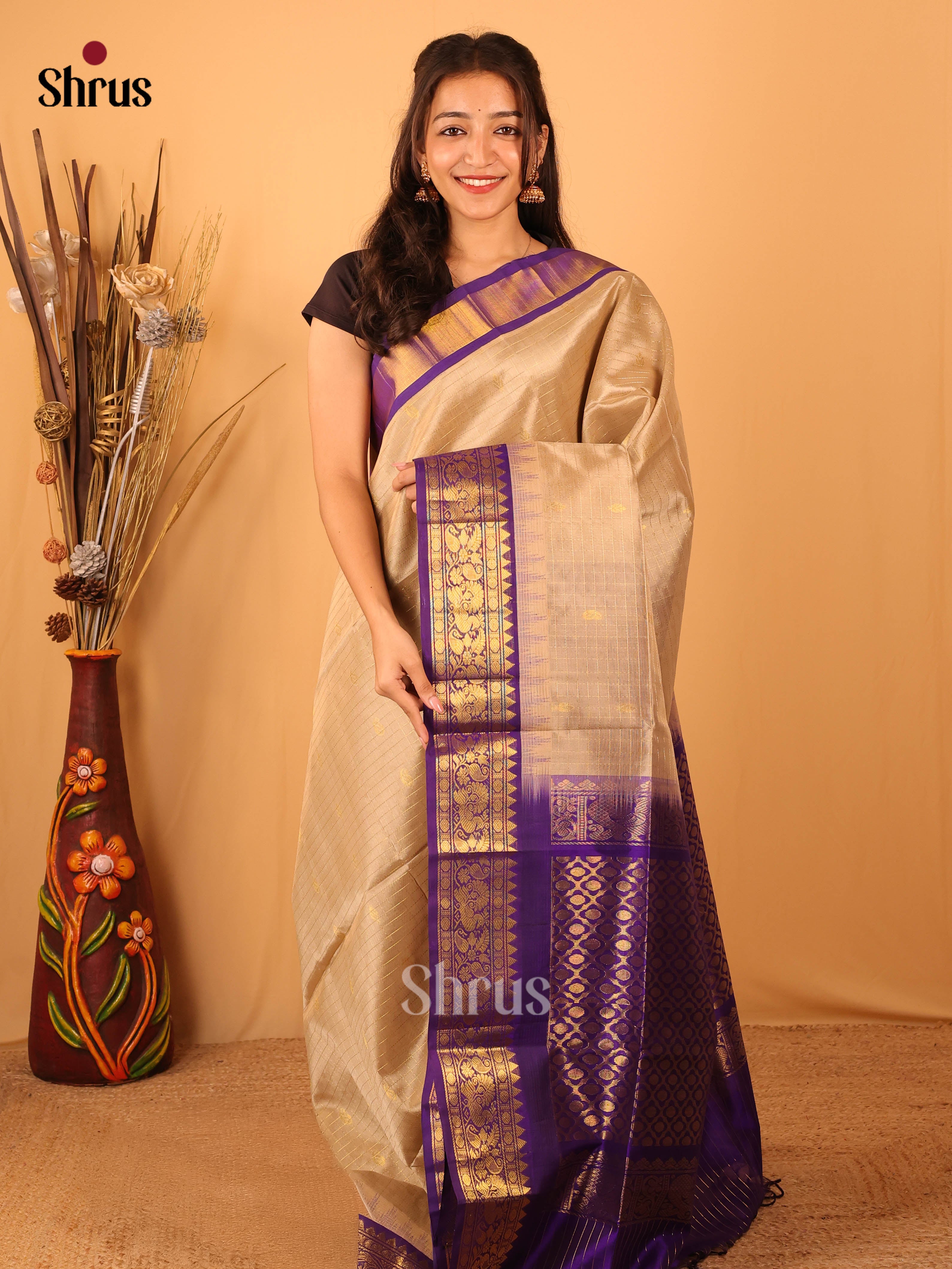 Beige & Violet- Silk Cotton Saree - Shop on Shrus.com