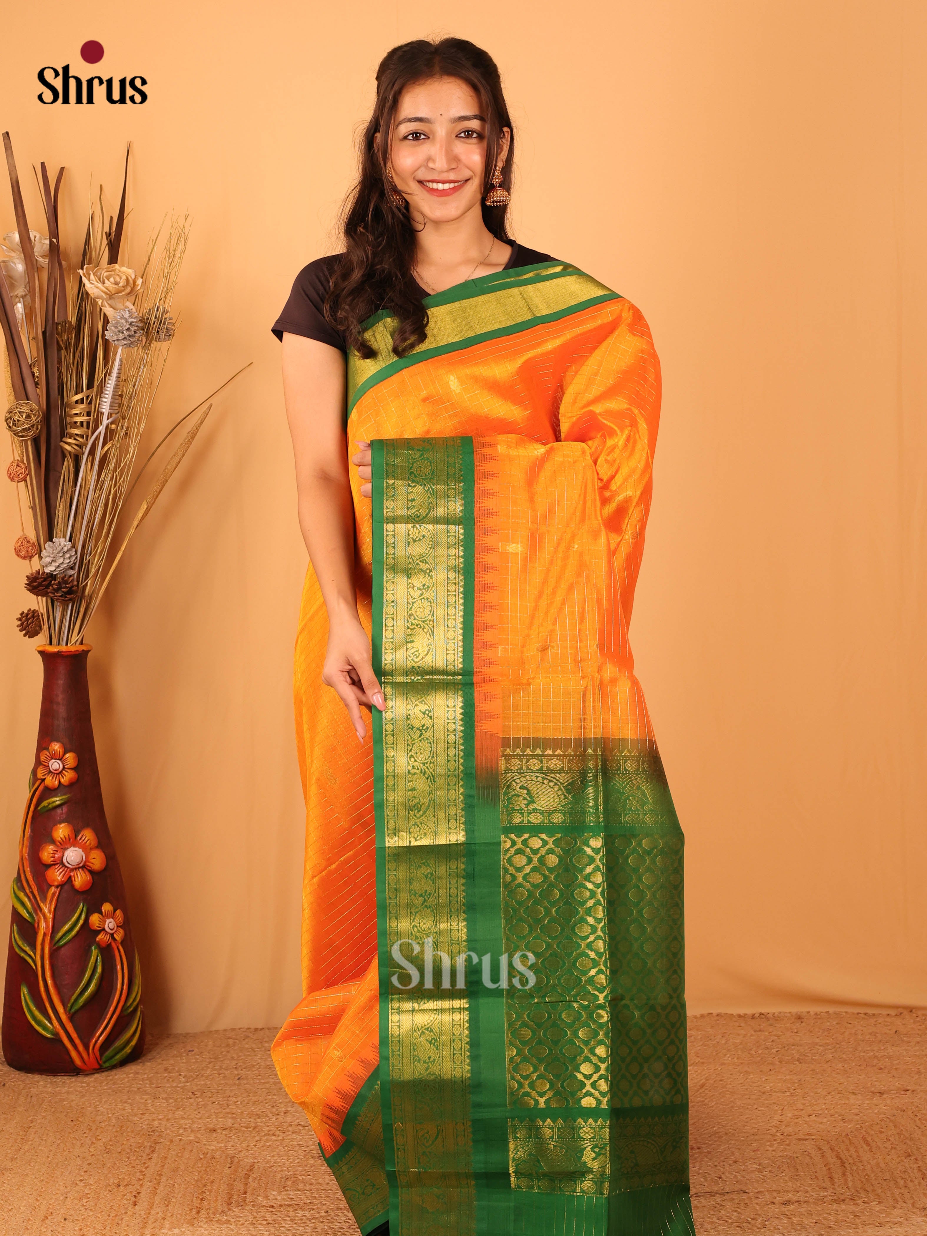 Orange & Green- Silk Cotton Saree - Shop on Shrus.com
