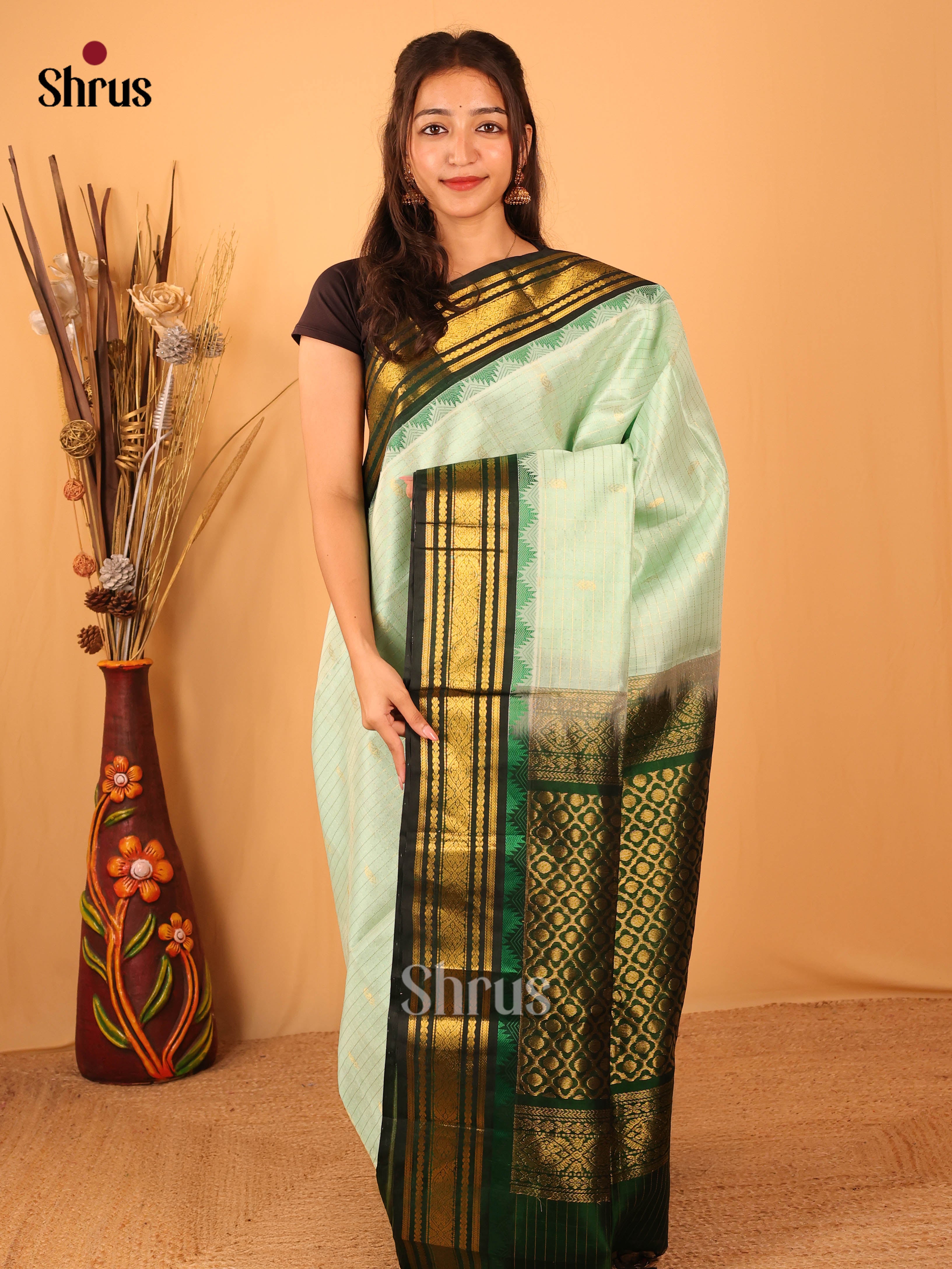 Ice Green & Green - Silk Cotton Saree - Shop on Shrus.com