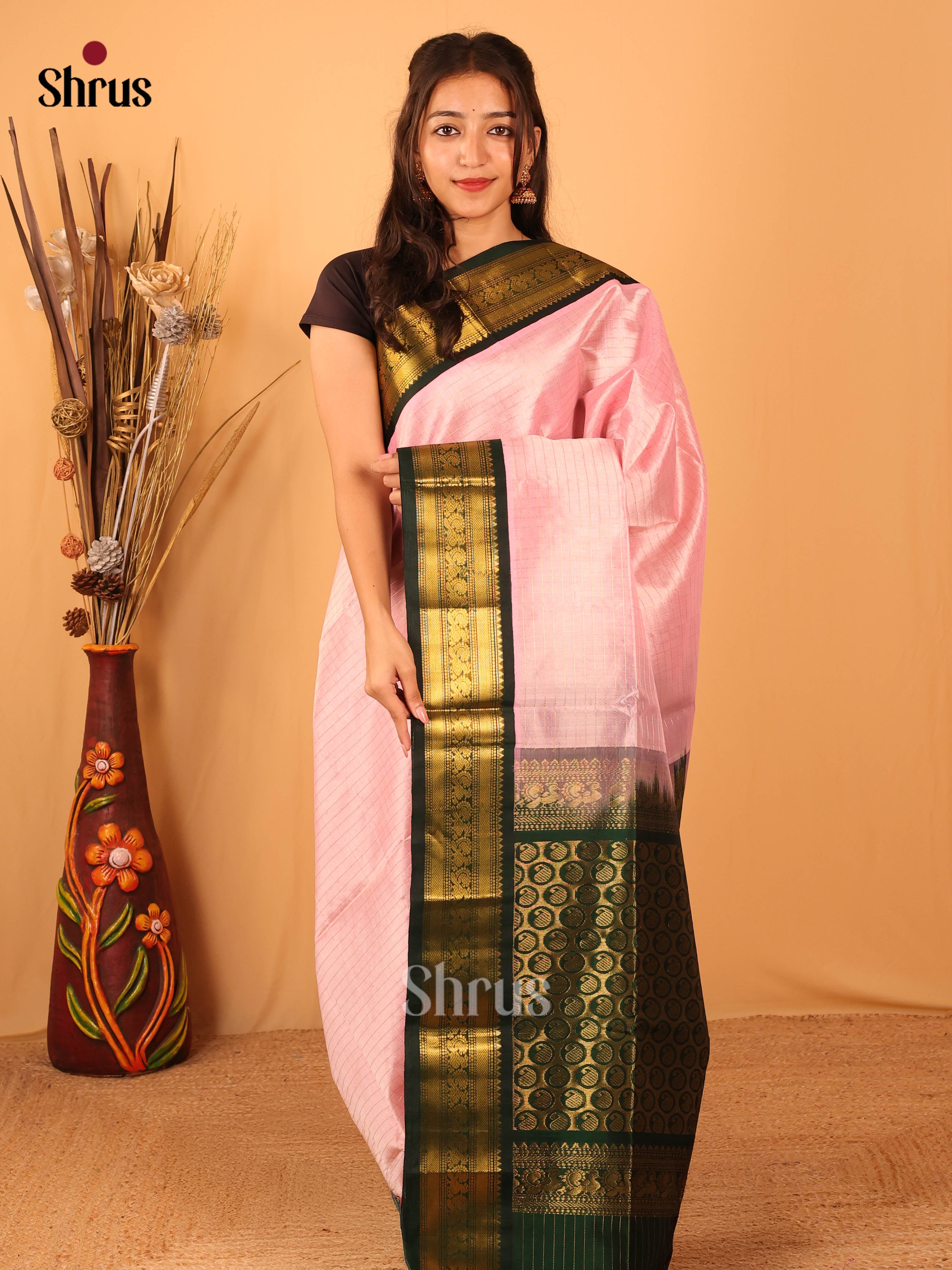 Pink & Green - Silk Cotton Saree - Shop on Shrus.com