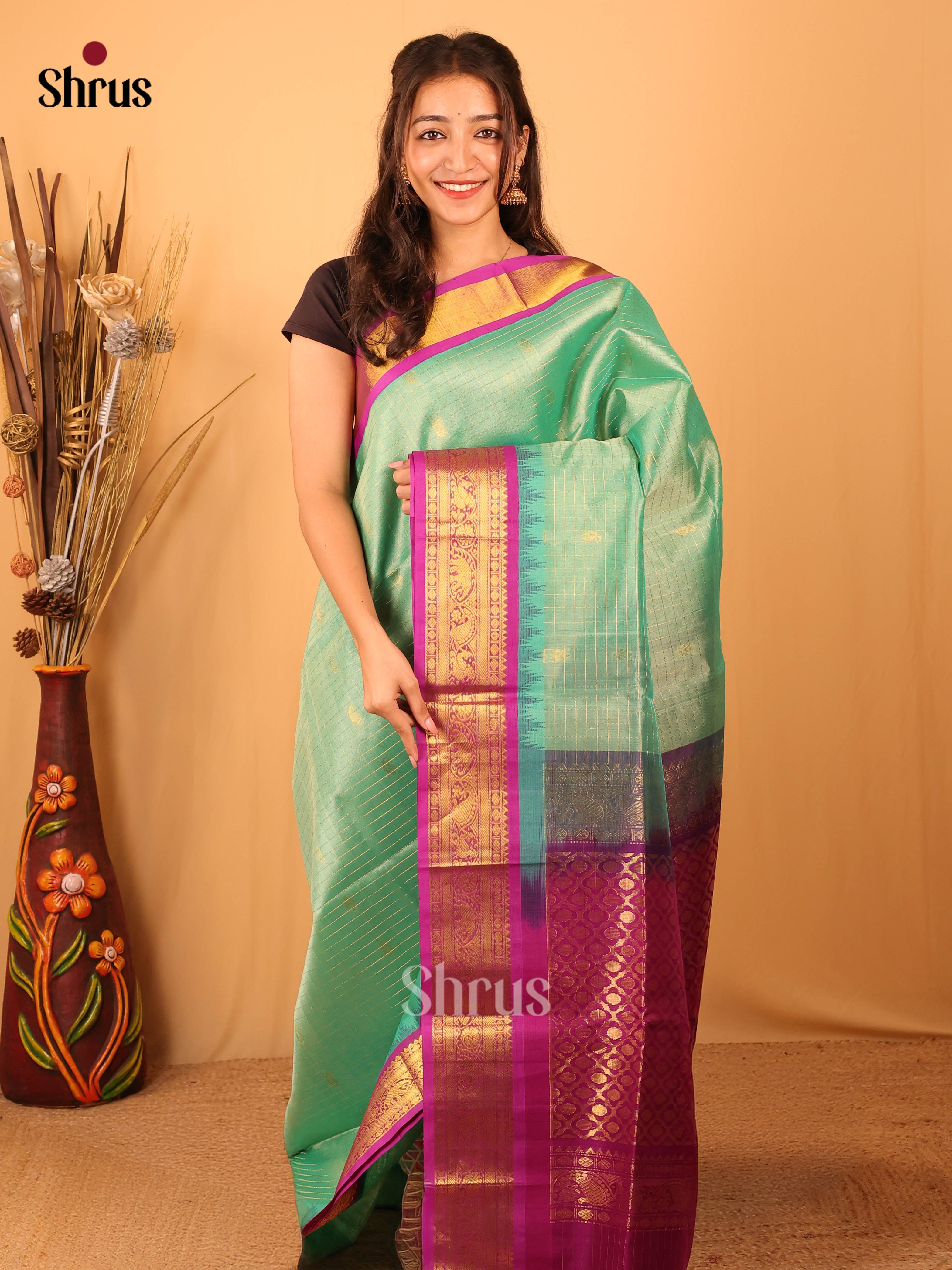 Green & Purple- Silk Cotton Saree - Shop on Shrus.com