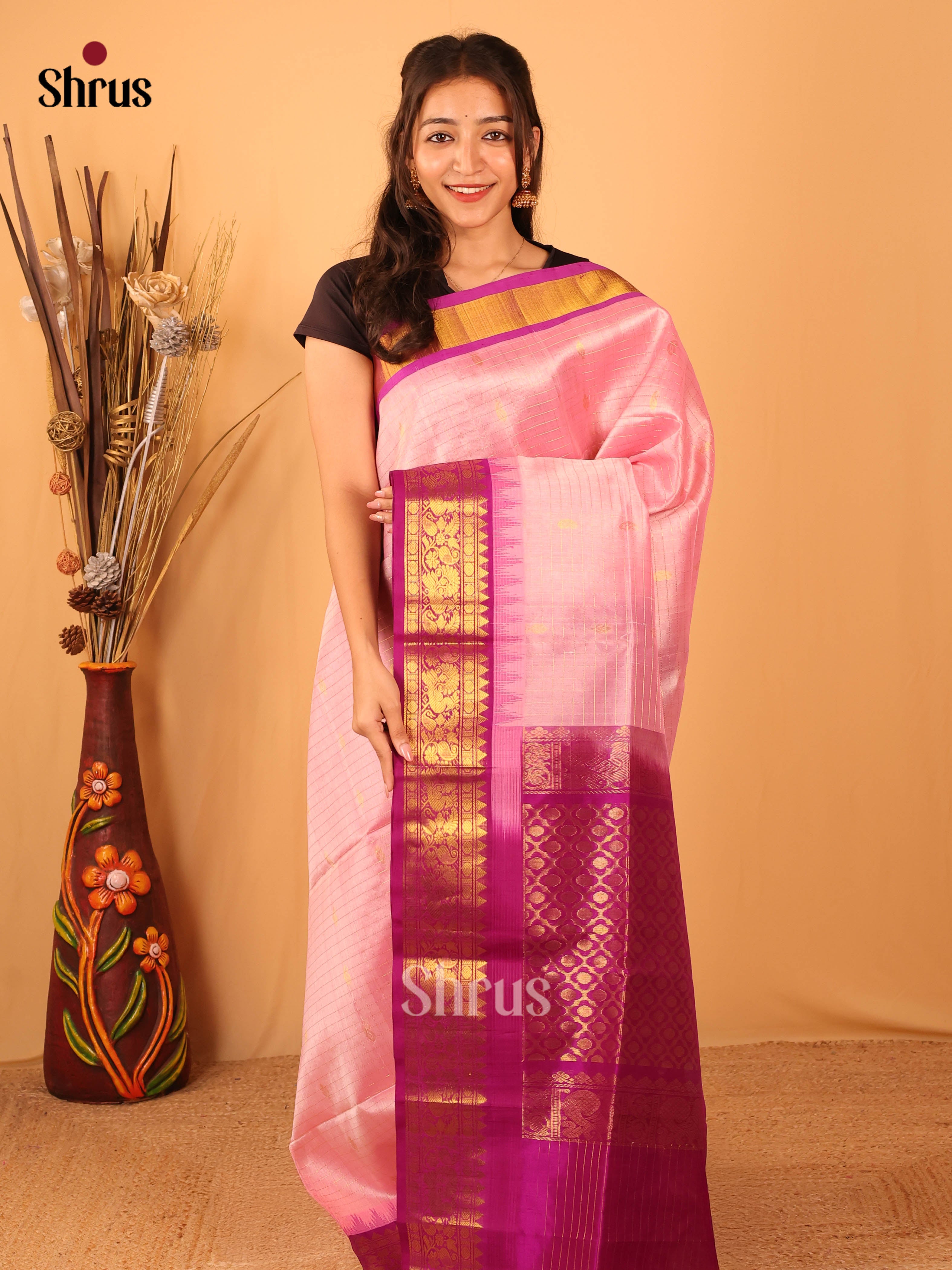 Pink & Majenta- Silk Cotton Saree - Shop on Shrus.com