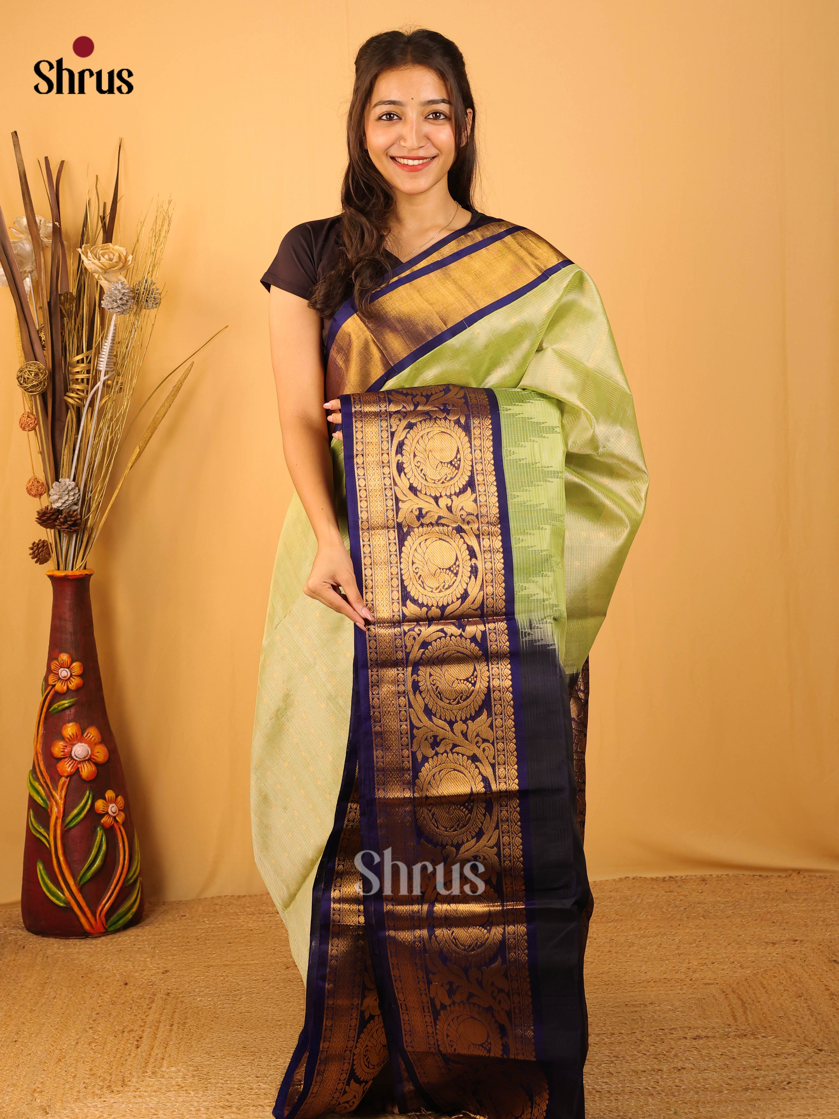 Lite Green & Blue - Silk Cotton Saree - Shop on Shrus.com