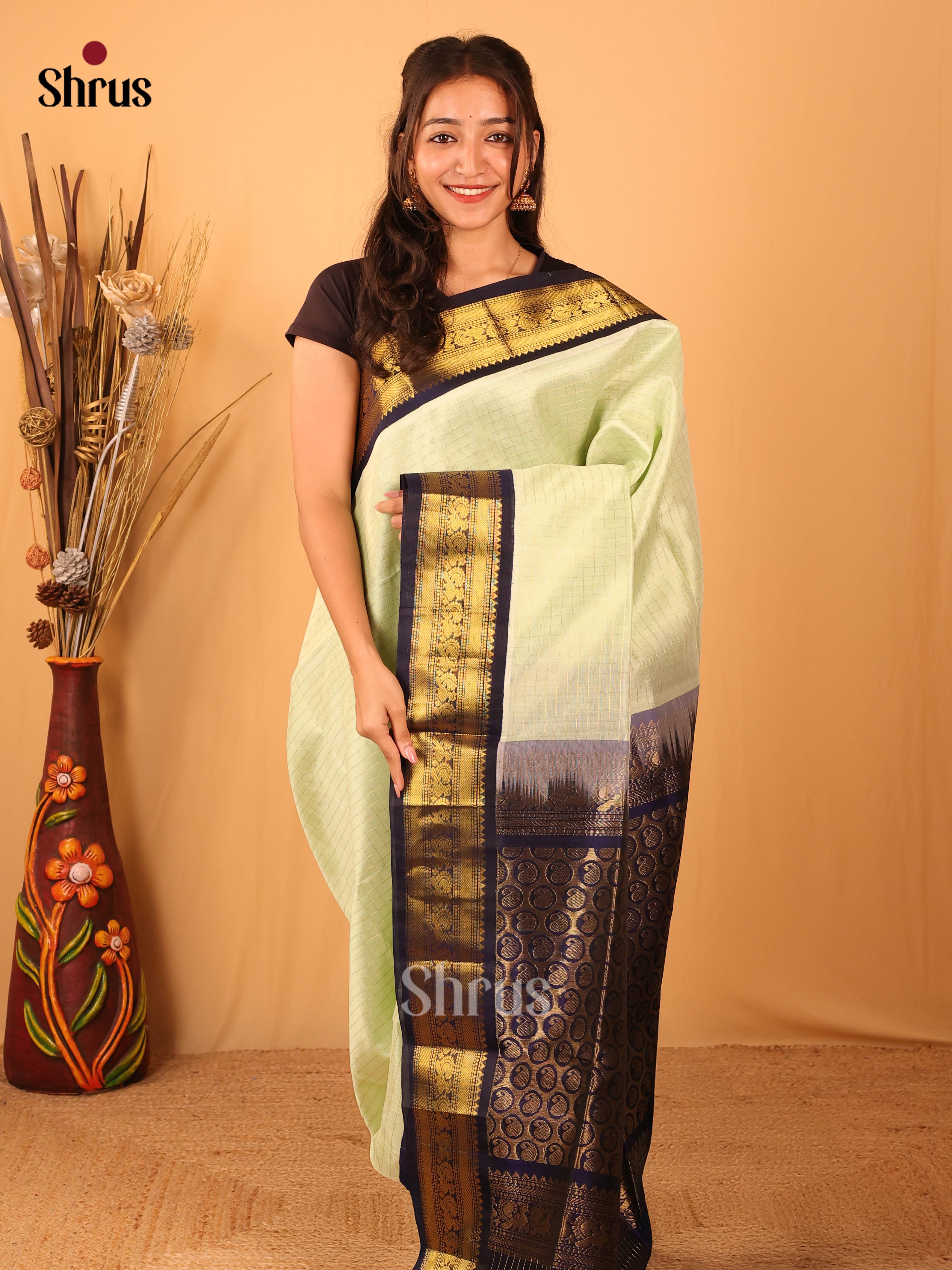 Pista Green & Blue - Silk Cotton Saree - Shop on Shrus.com