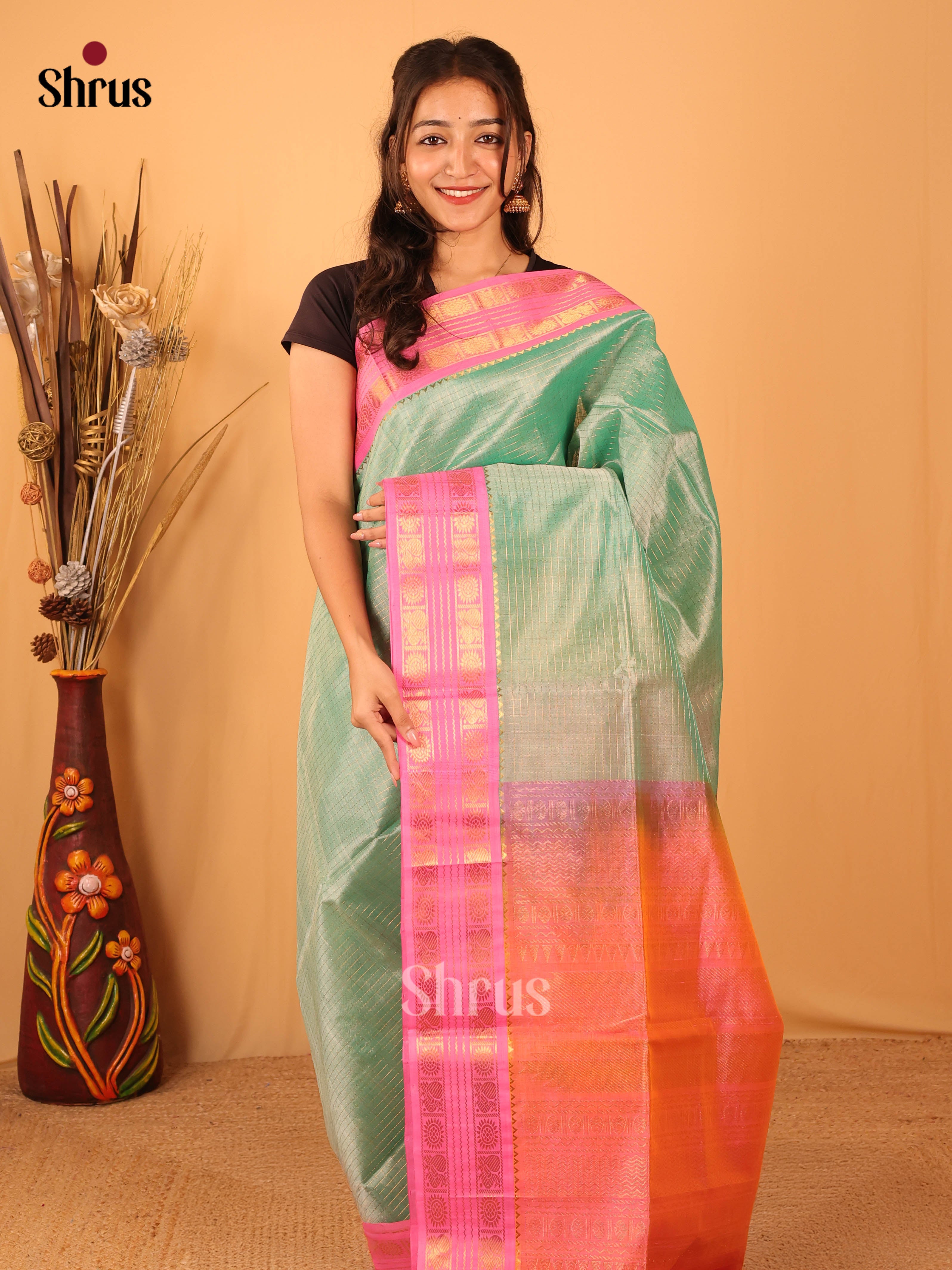 Ice Green & Peach - Silk Cotton Saree - Shop on Shrus.com