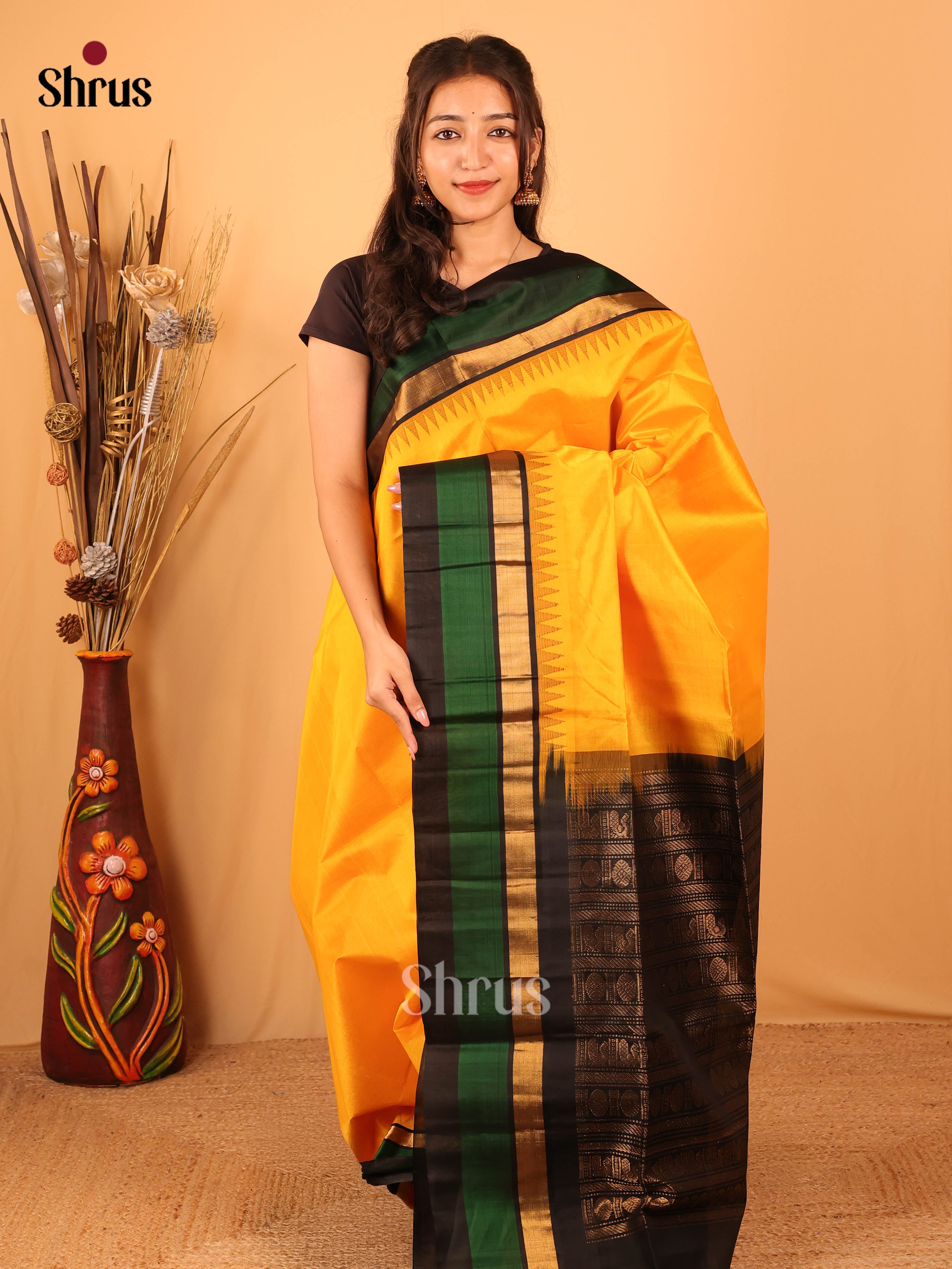 Yellow & Black - Silk Cotton Saree - Shop on Shrus.com