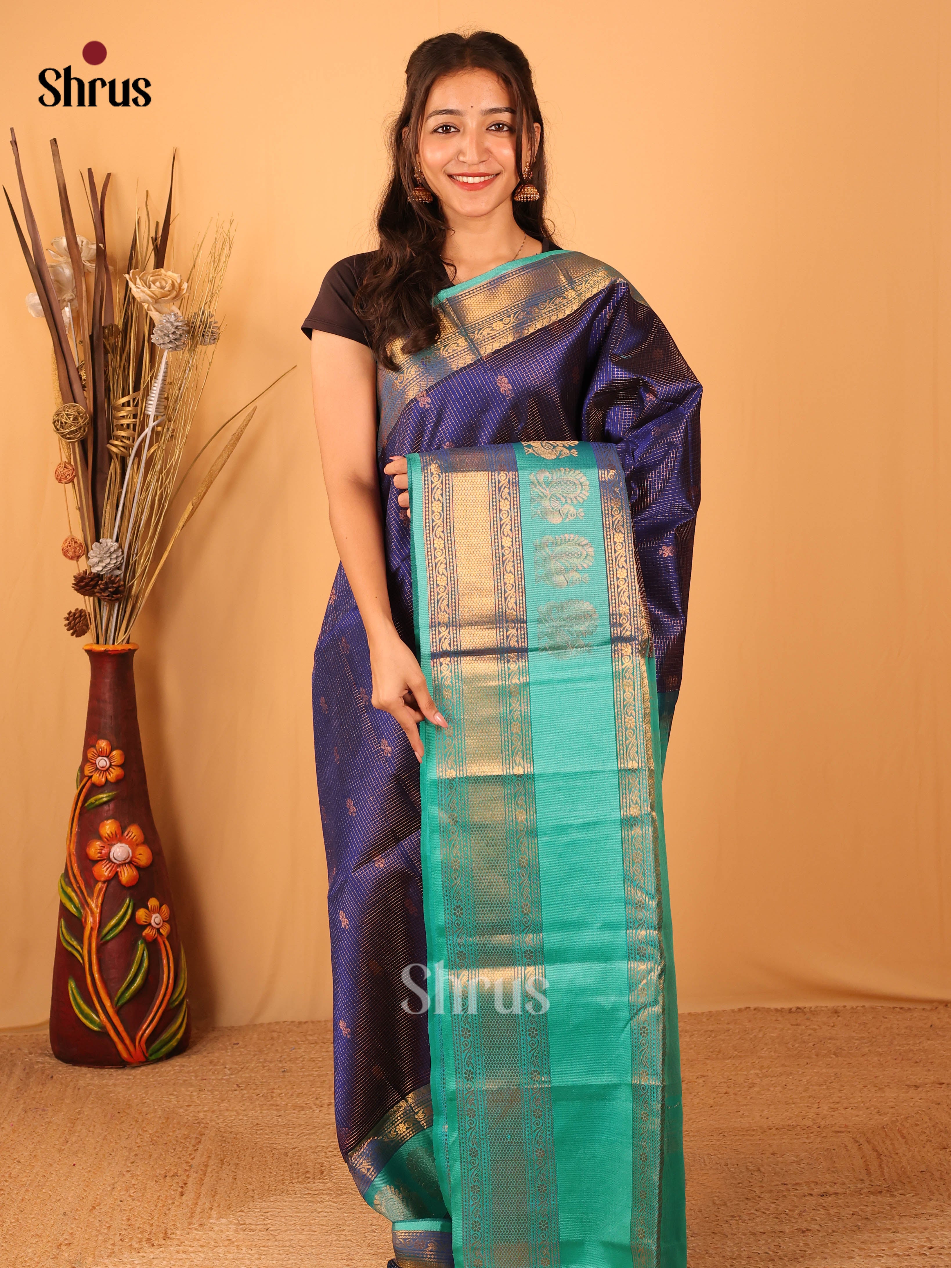 Blue & Teal - Silk Cotton Saree - Shop on Shrus.com