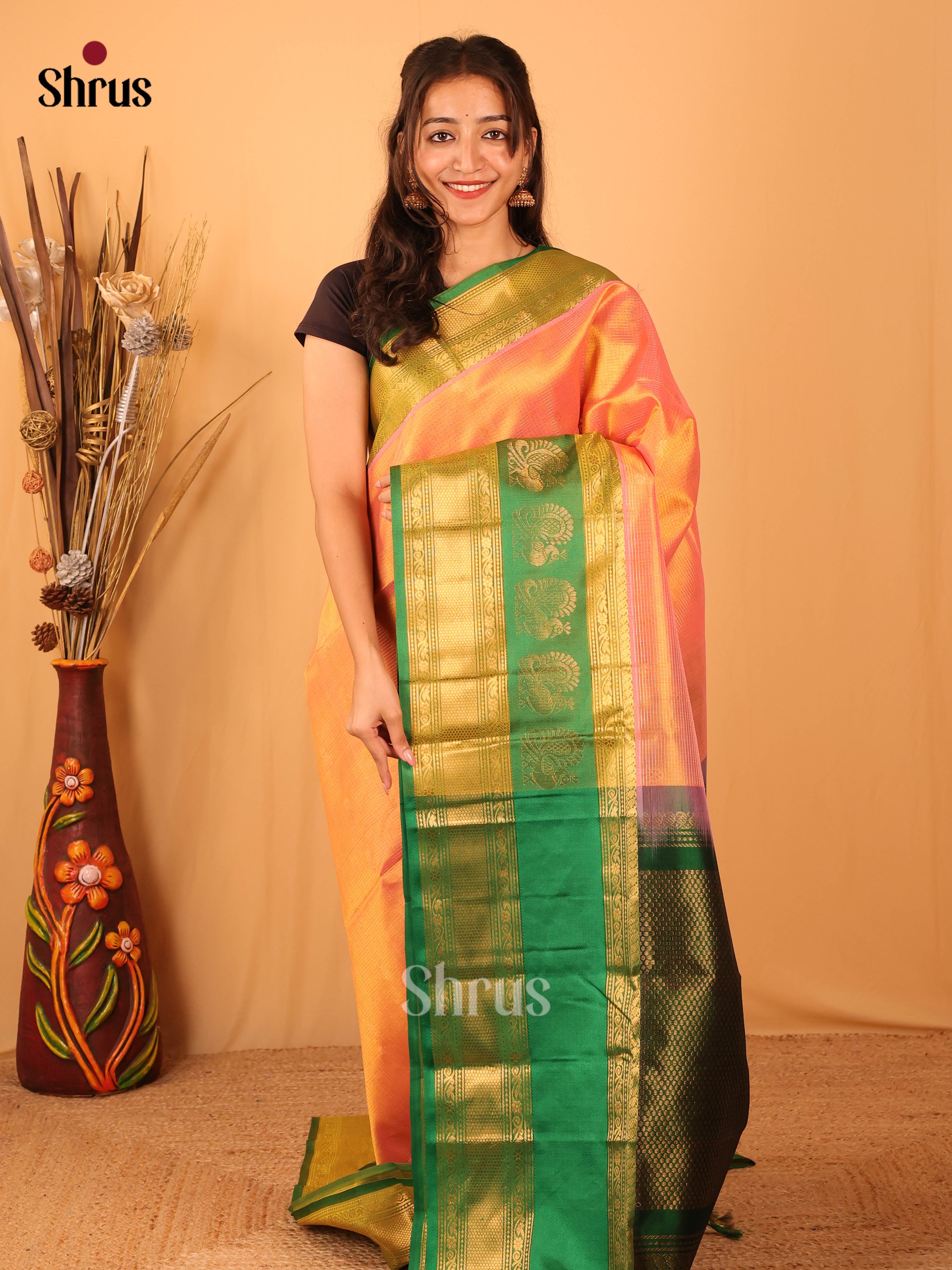Orange & Green - Silk Cotton Saree - Shop on Shrus.com
