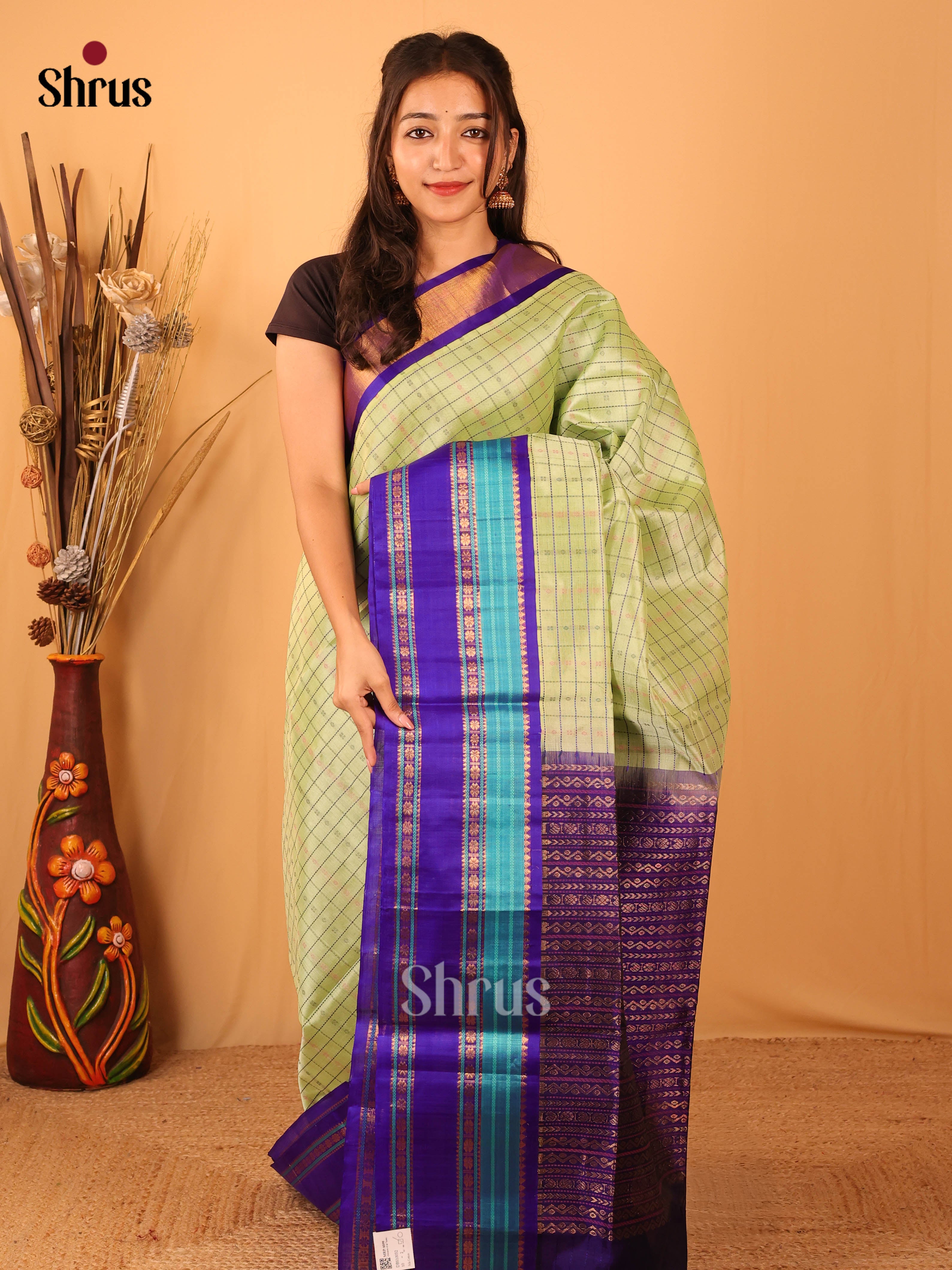 Pastel Green & Blue - Silk Cotton Saree - Shop on Shrus.com