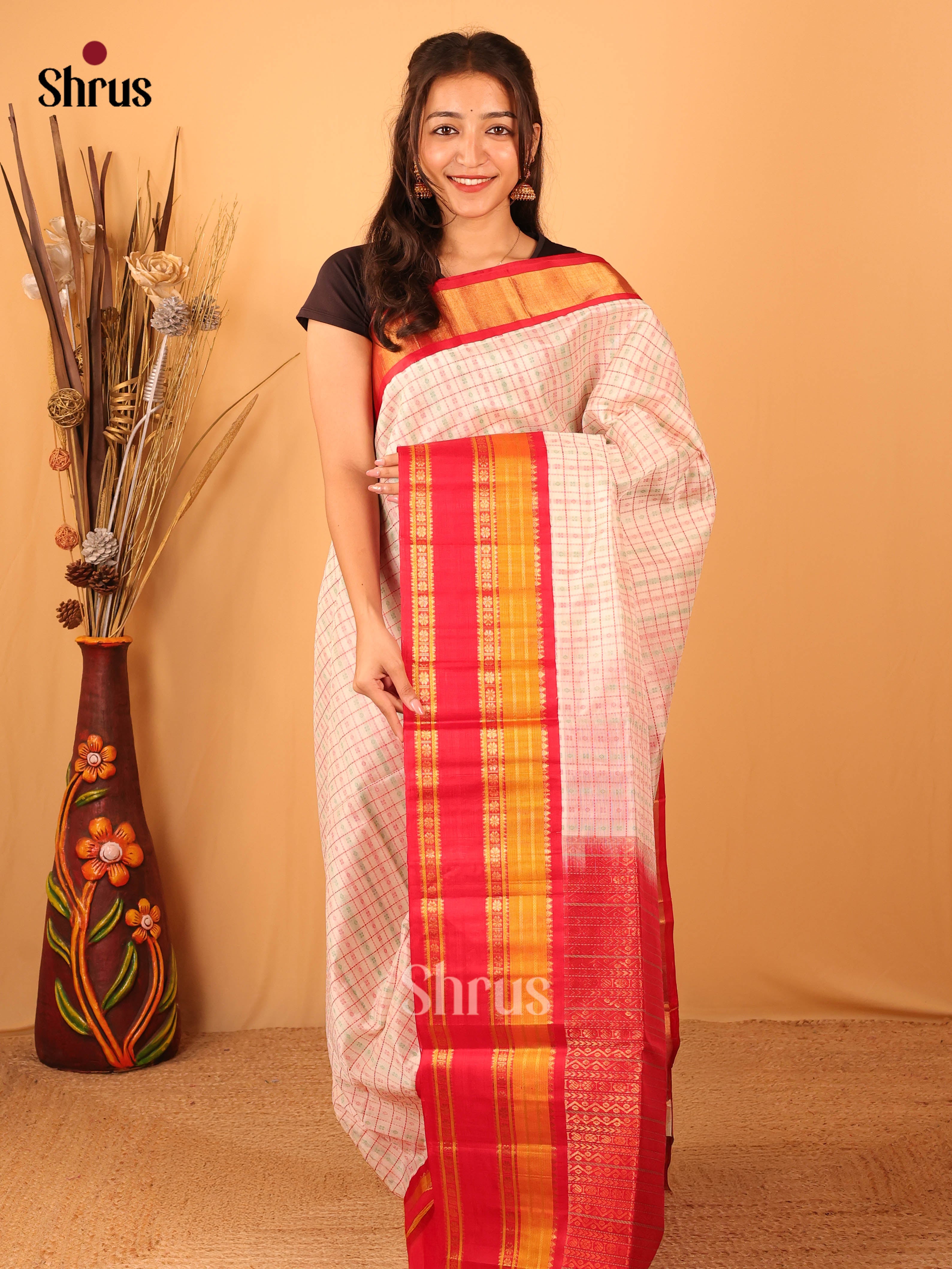 Cream & Red - Silk Cotton Saree - Shop on Shrus.com
