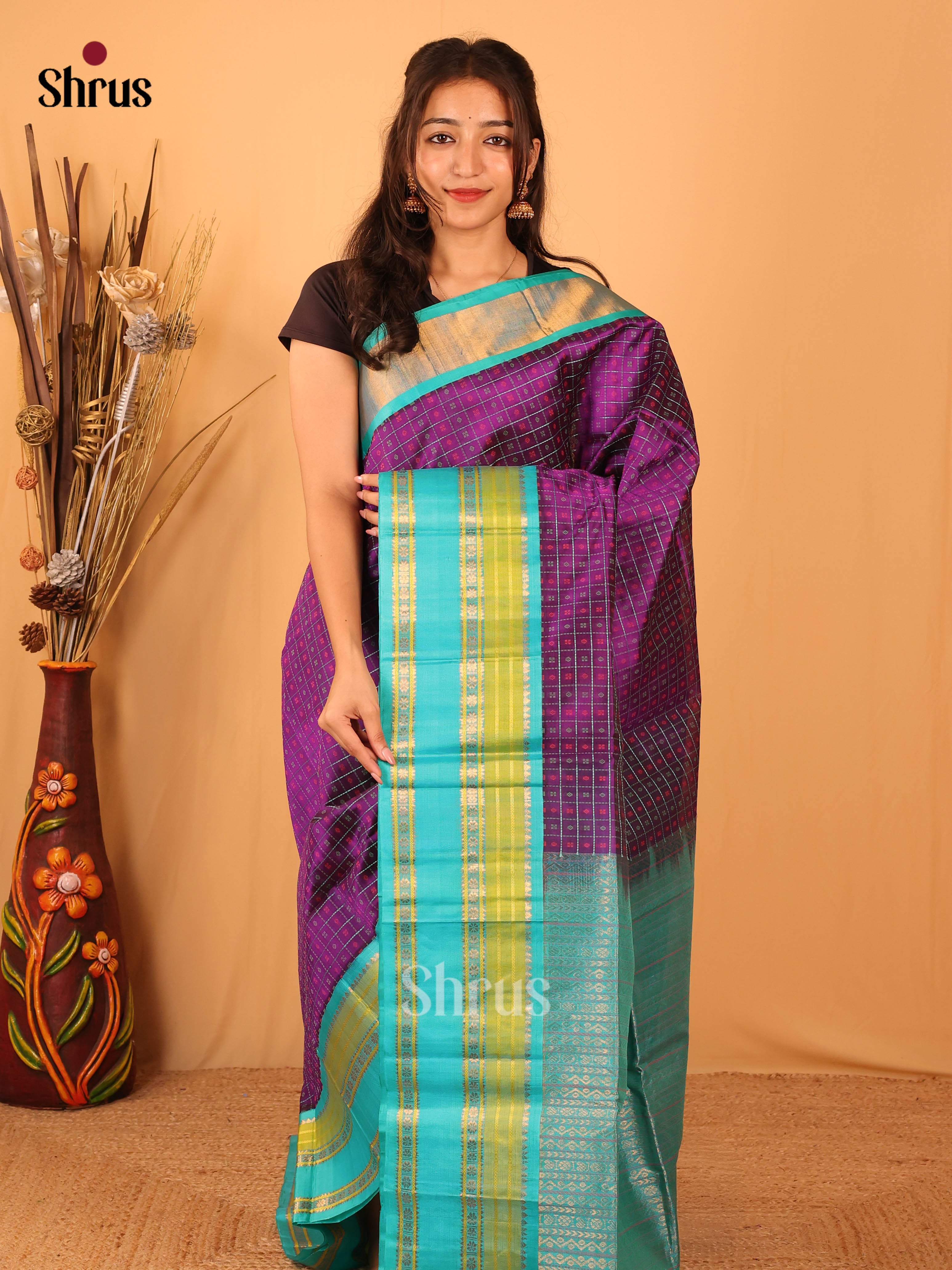 Violet & Teal- Silk Cotton Saree - Shop on Shrus.com