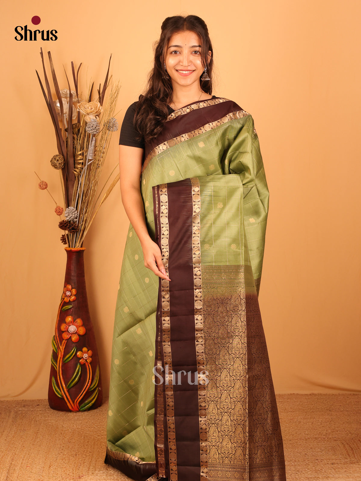 Green & Brown - Soft Silk Saree - Shop on Shrus.com