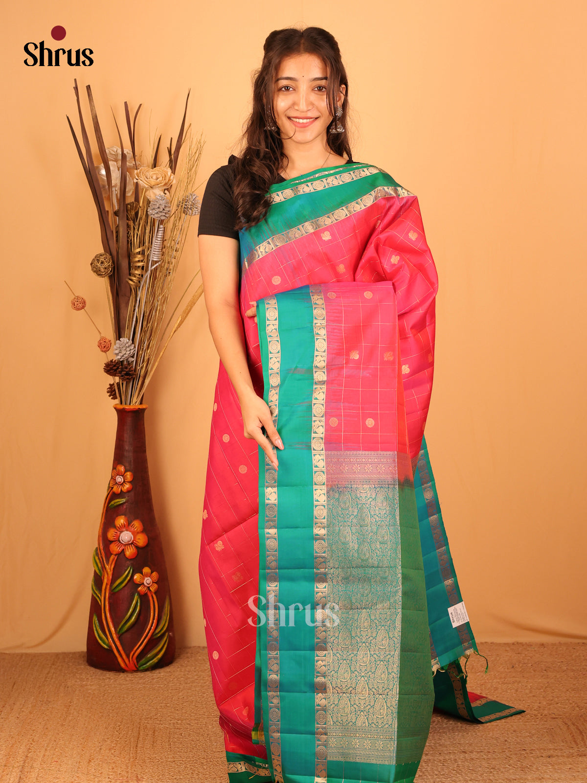Pink & Green - Soft Silk Saree - Shop on Shrus.com