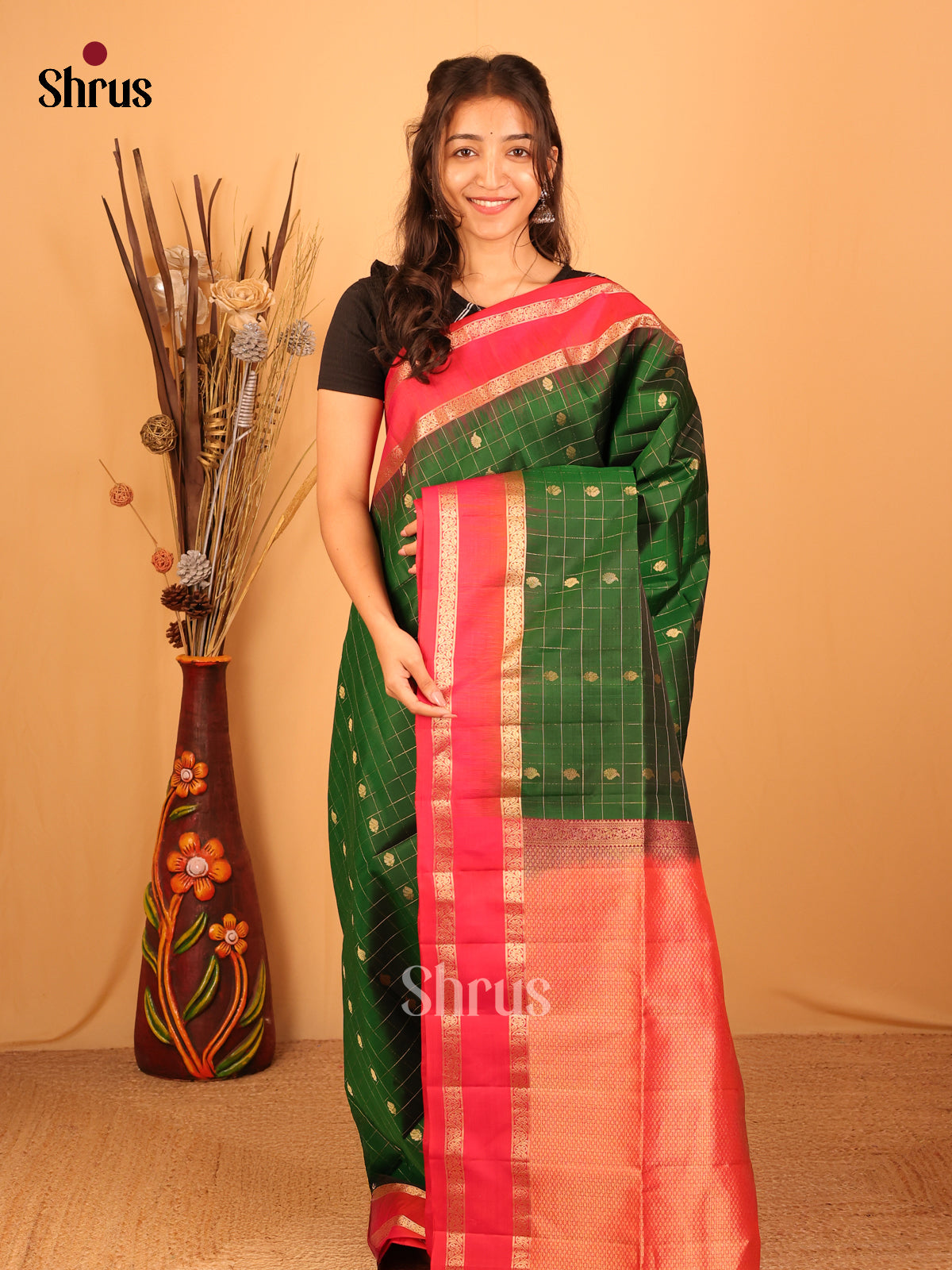 Green & Orangish Pink - Soft Silk Saree - Shop on Shrus.com