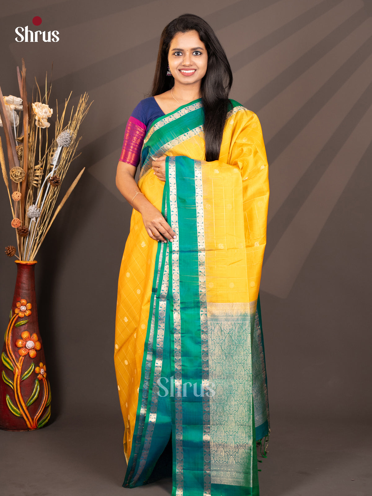 Yellow & Teal - Soft SilkSaree - Shop on Shrus.com