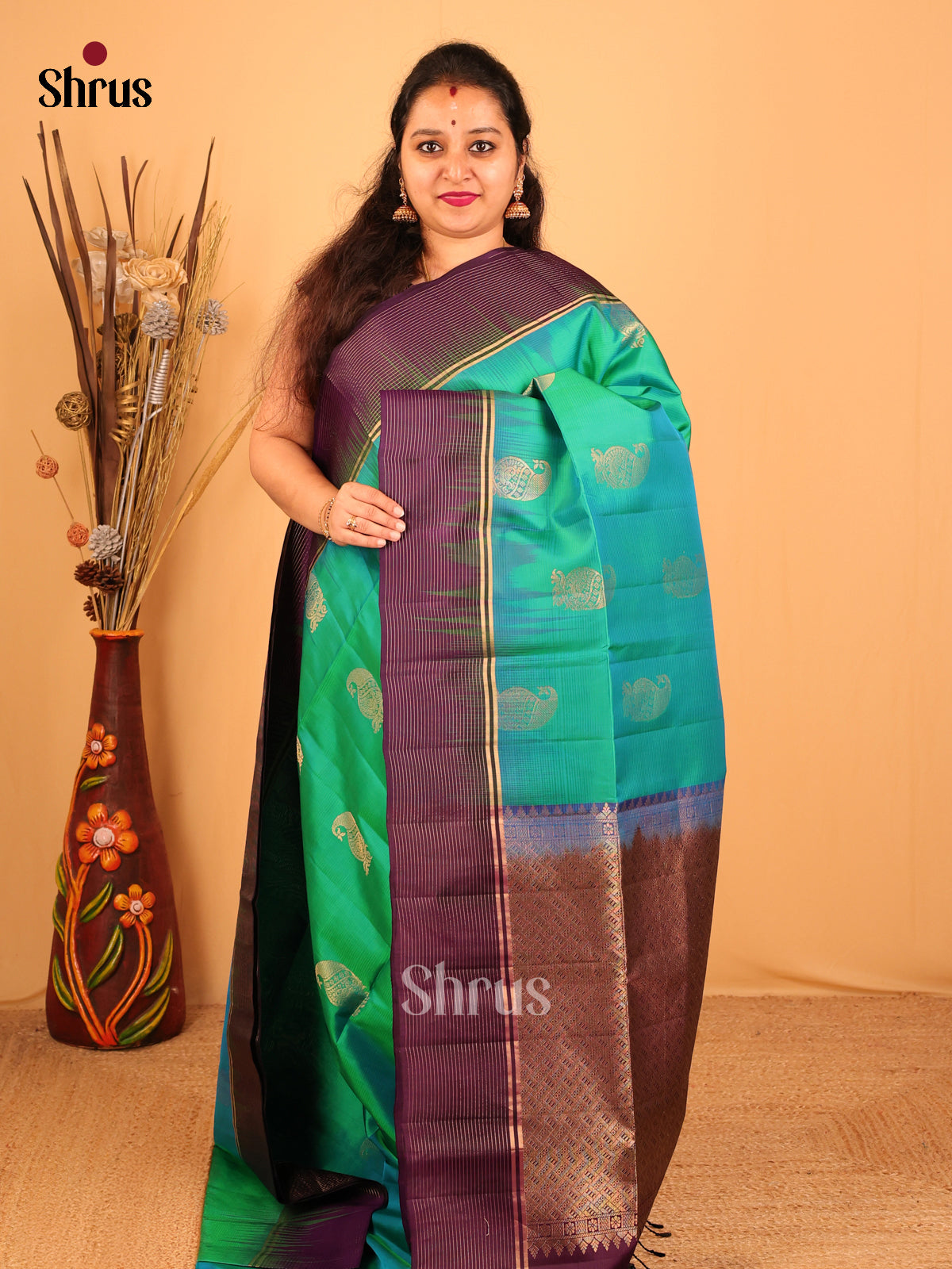 Green & Dark  Puple - Soft Silk Saree - Shop on Shrus.com