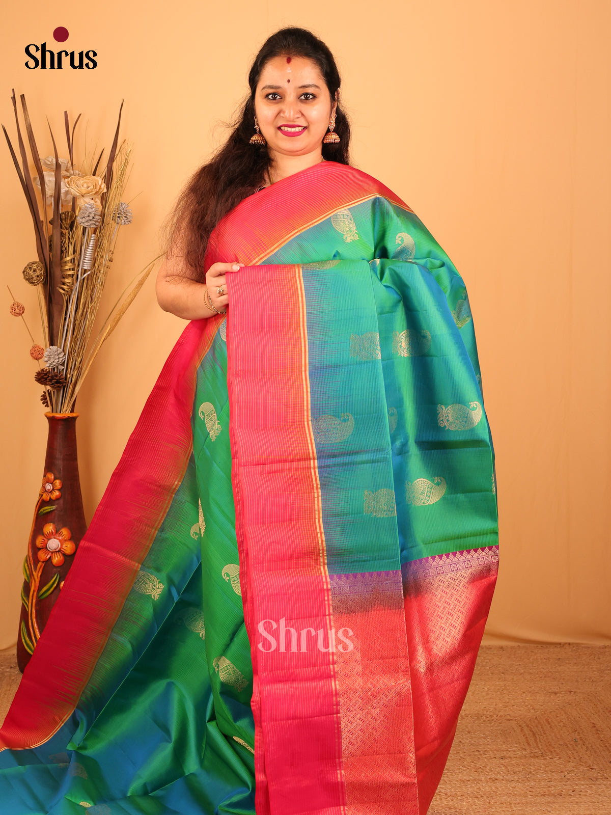 Green & Orangish Pink - Soft Silk Saree - Shop on Shrus.com