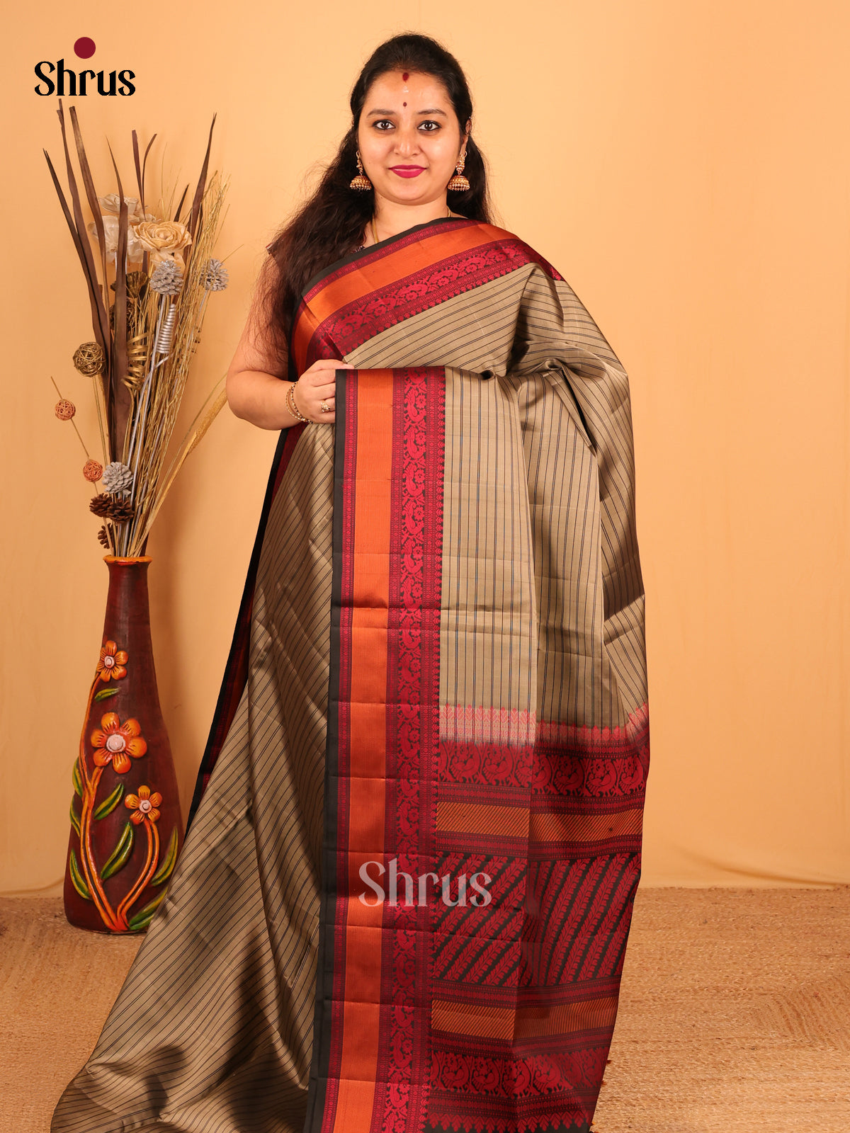 Grey & Red - Soft Silk Saree - Shop on Shrus.com