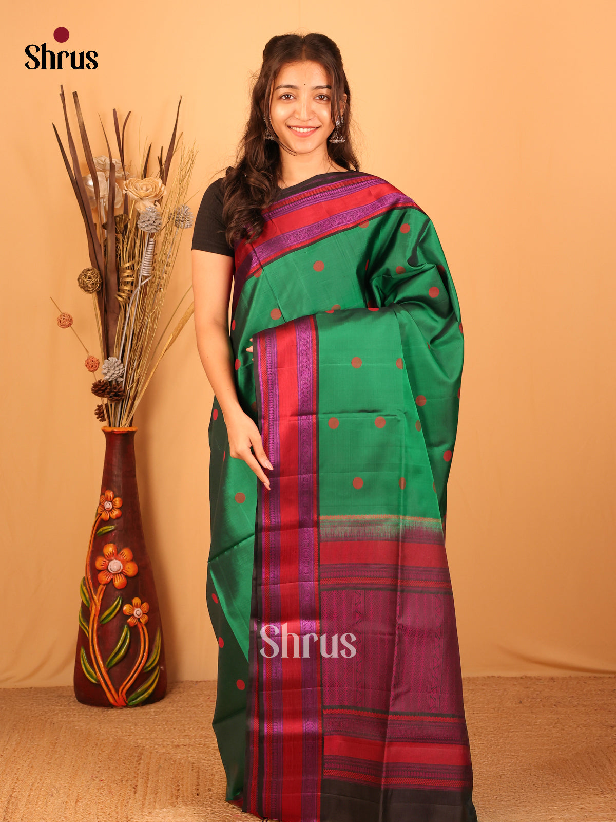 Green & Red - Soft Silk Saree - Shop on Shrus.com
